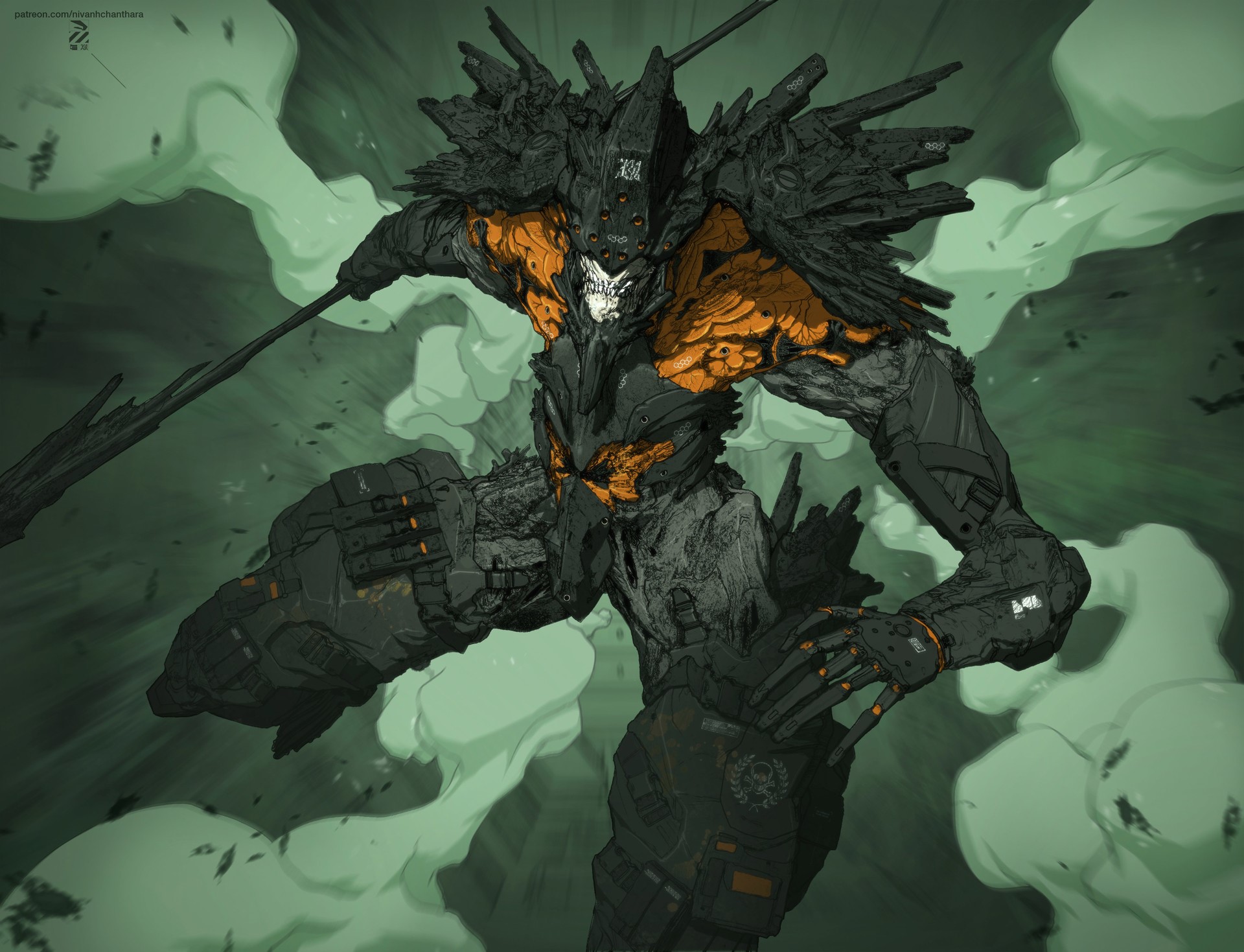 original characters, futuristic, science fiction, artwork, digital art, illustration, concept art, creature, fantasy art, 2D, armor, smoke, Nivanh Chanthara, military, cyberpunk, drawing, HD Wallpaper
