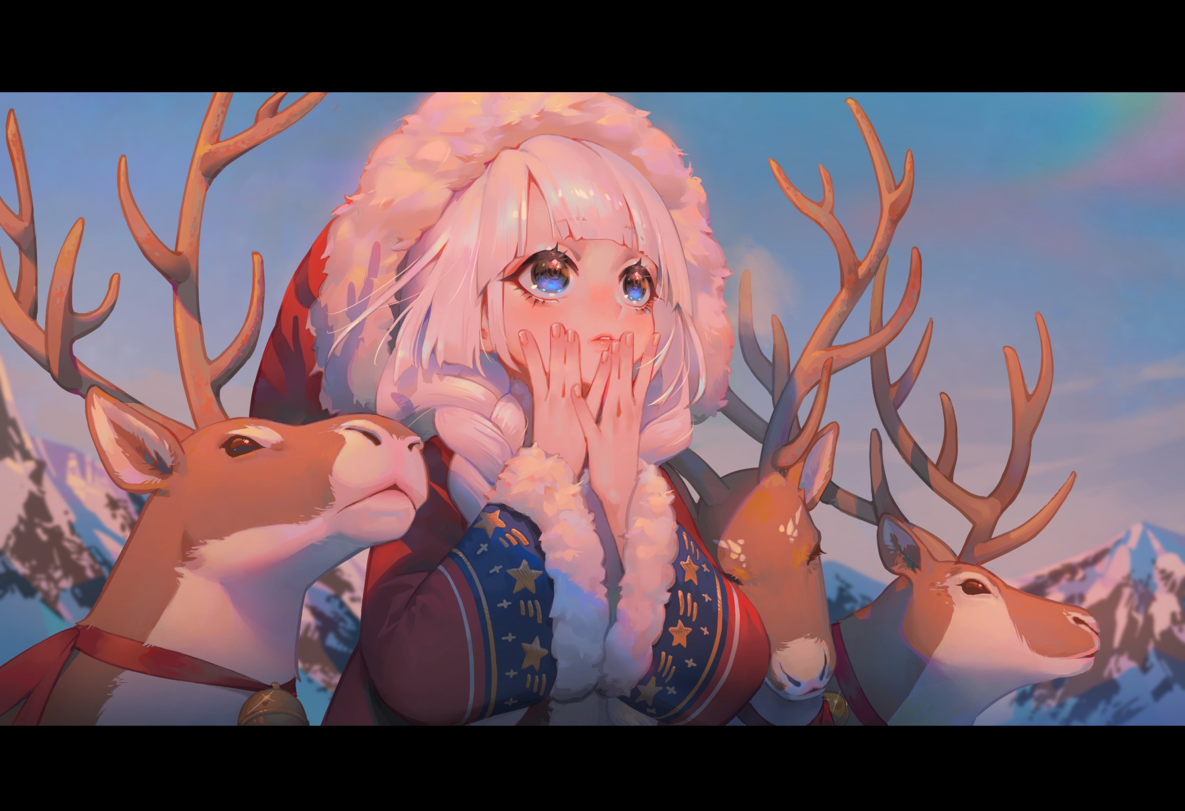anime girls, anime, blue eyes, pink hair, deer, winter, snow, Christmas, HD Wallpaper