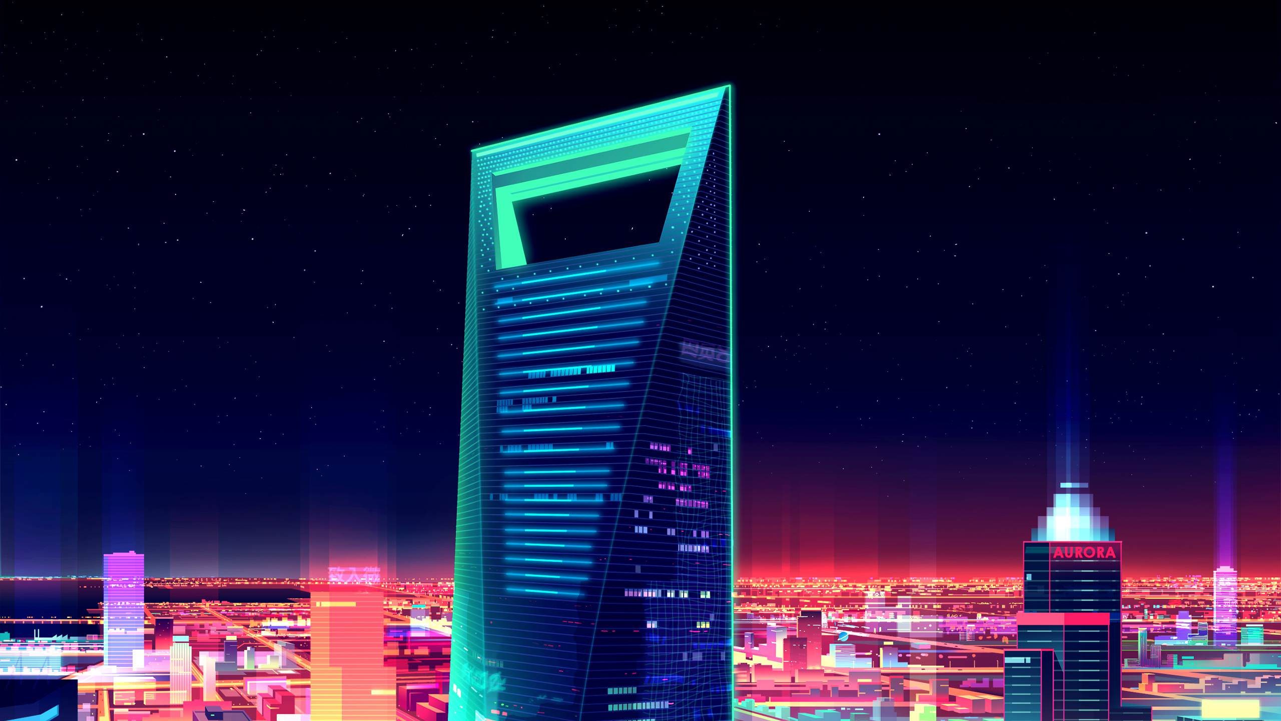 illustration, building, lights, Romain Trystram, cyan, pink, blue, HD Wallpaper
