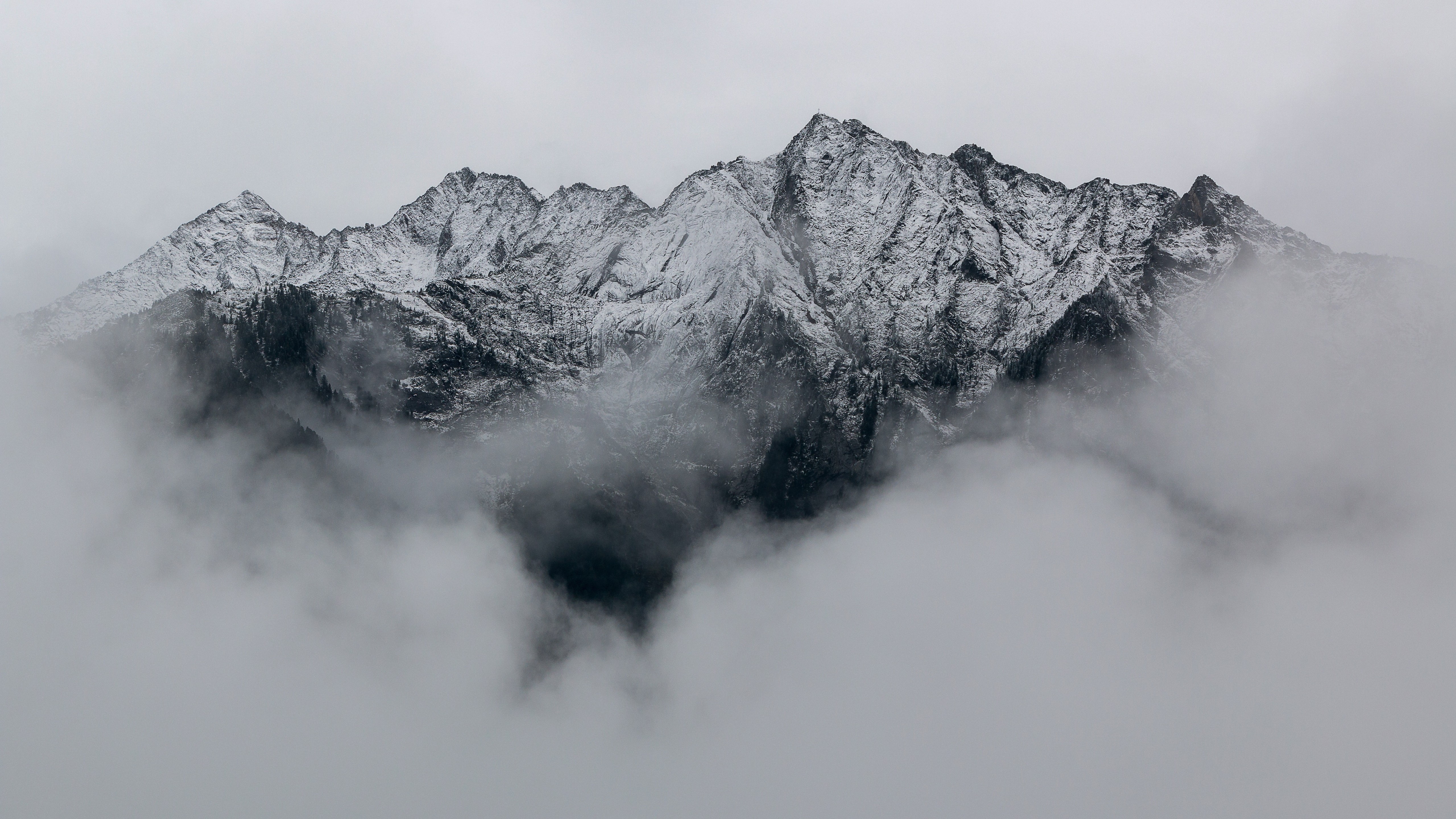 mountains, snow, clouds, monochrome, landscape, nature, HD Wallpaper