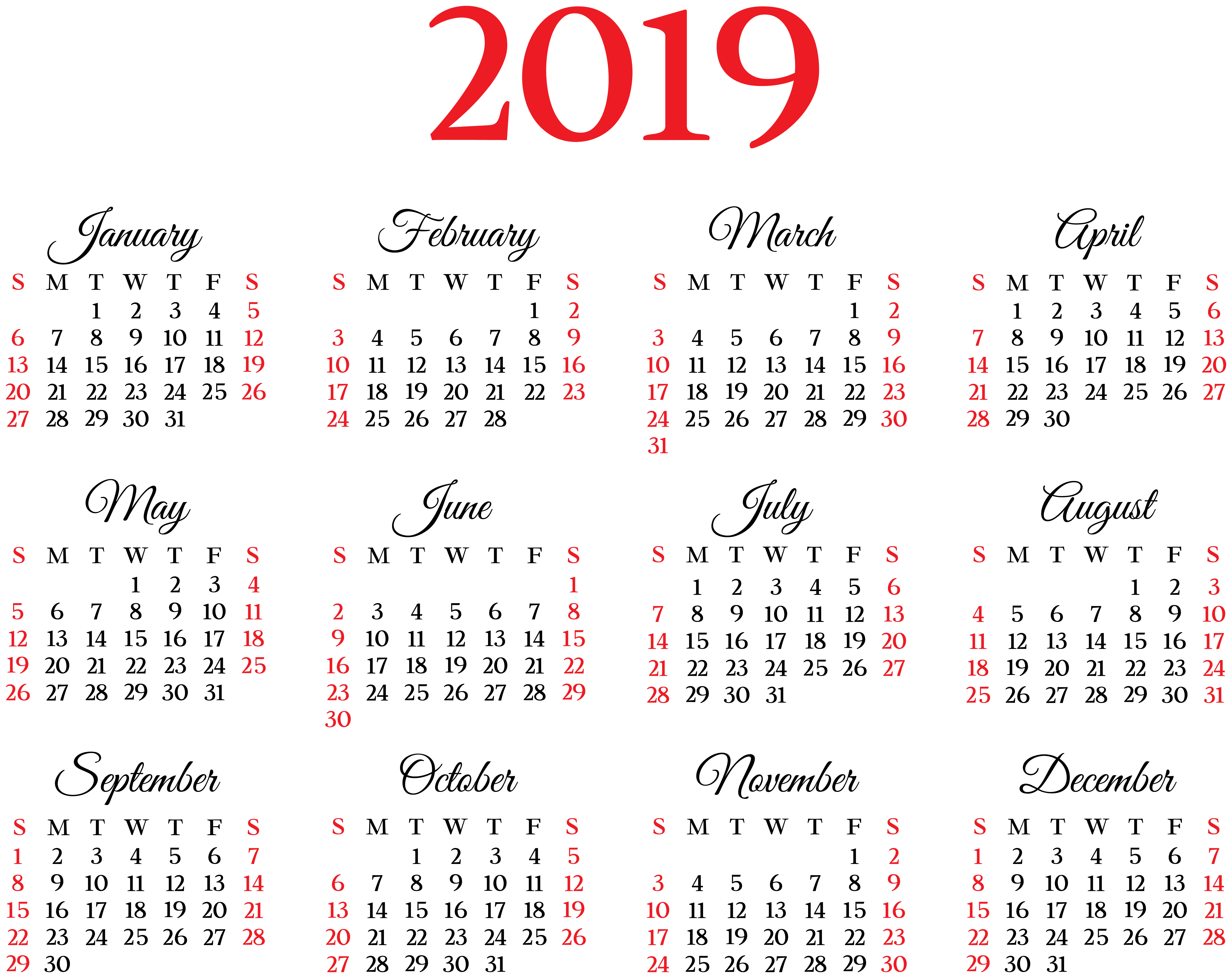 calendar, 2019 (Year), month, numbers, transparent background, black, red, HD Wallpaper