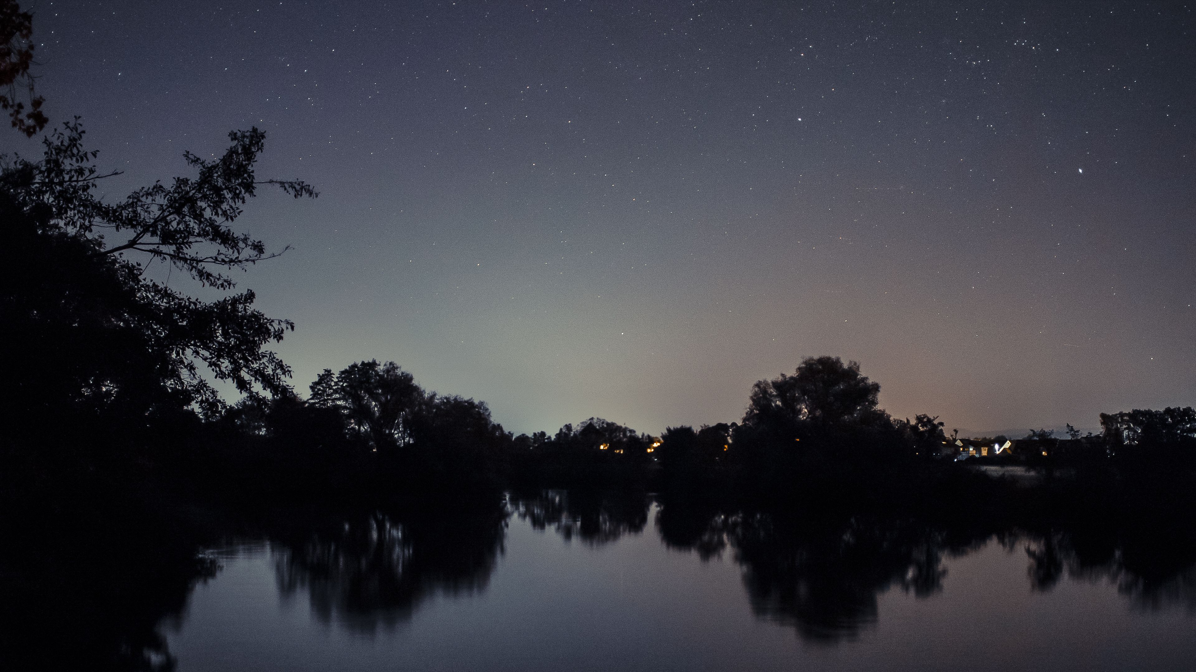 starry sky, lake, night, landscape, trees, horizon, 4k, HD Wallpaper