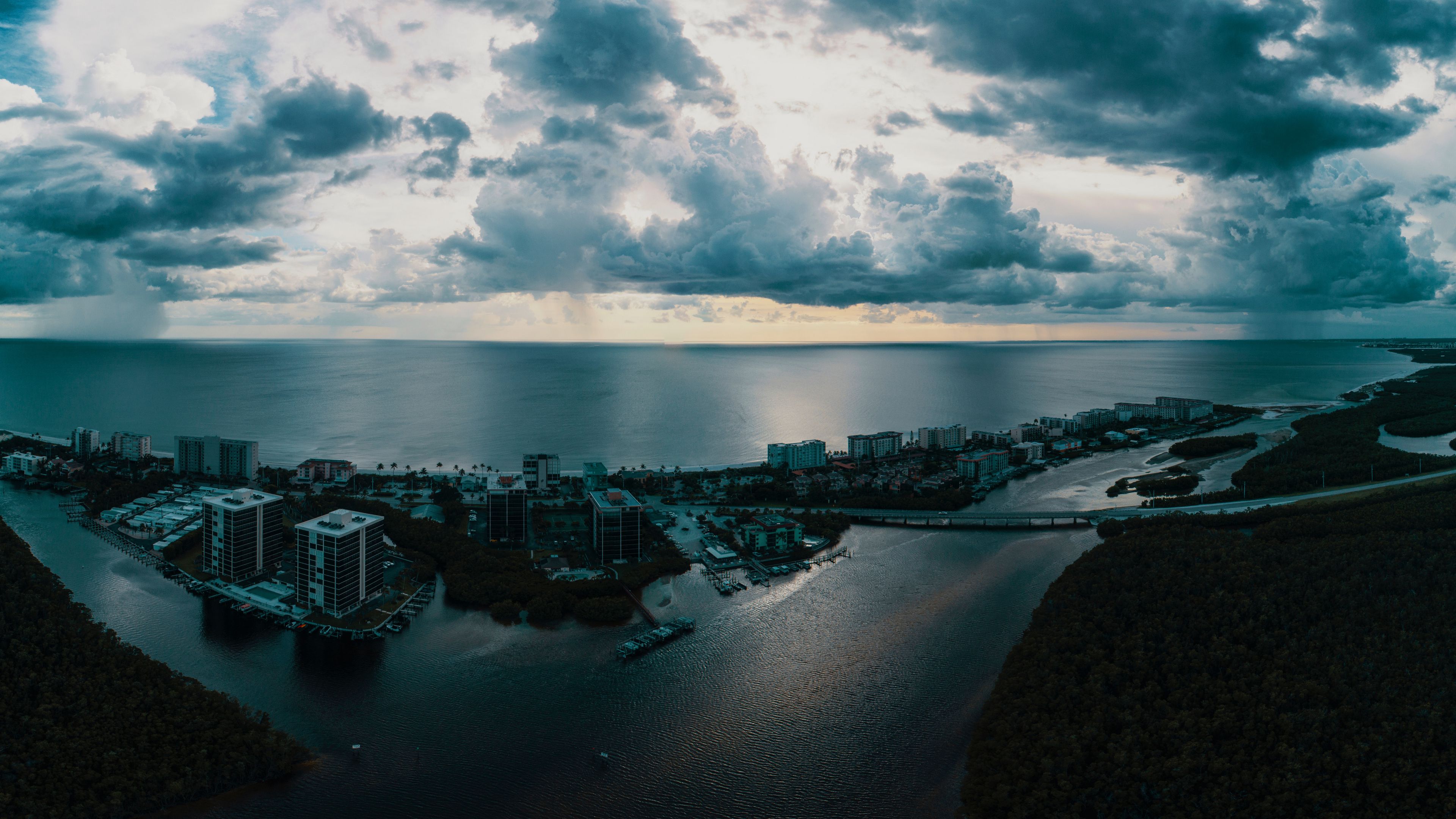 island, city, aerial view, clouds, sea, ocean, twilight, 4k, HD Wallpaper