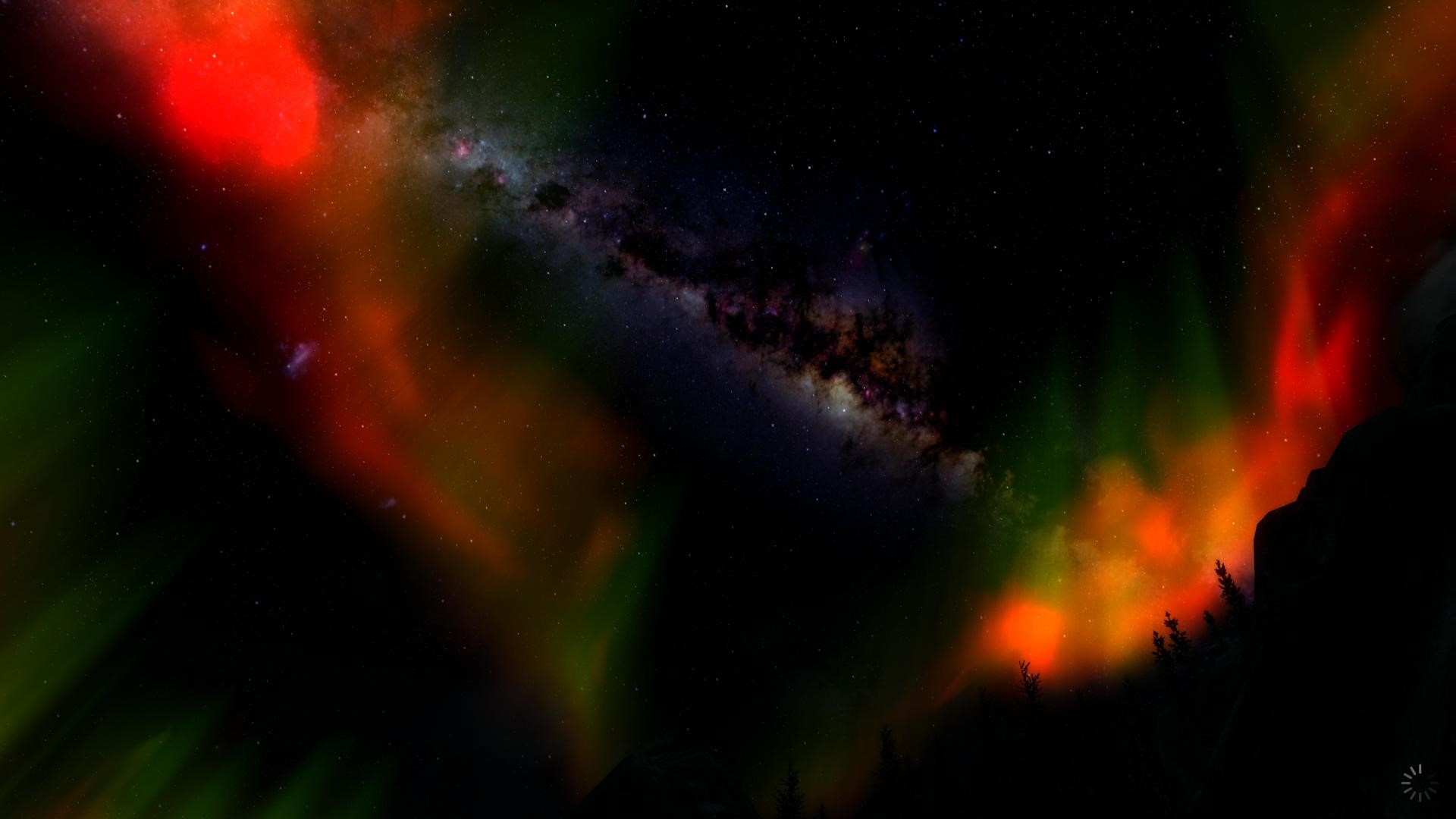night, trees, aurorae, colorful, stars, dark, screen shot, PC gaming, video games, The Elder Scrolls V: Skyrim, HD Wallpaper