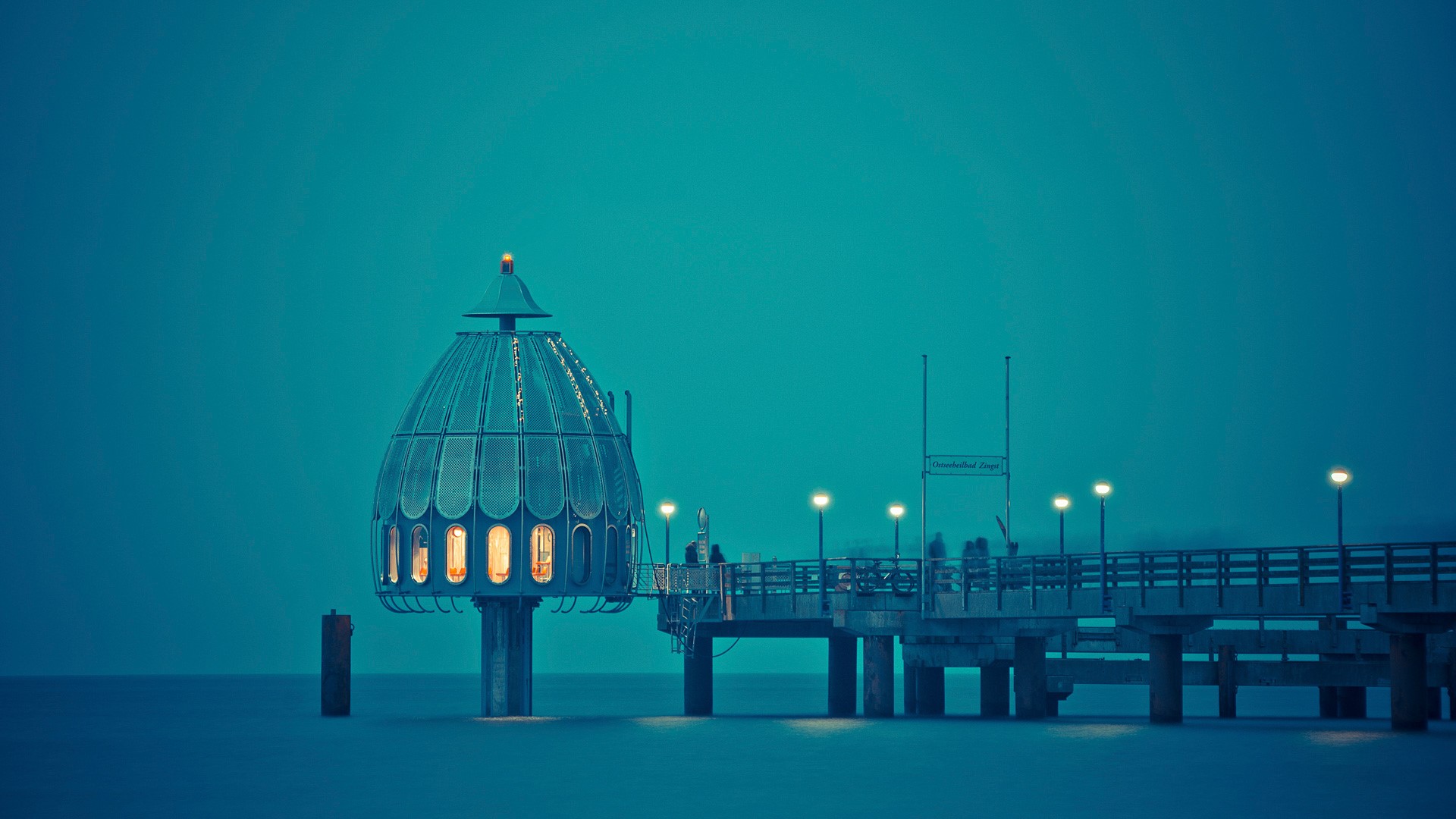 lights, gazebo, water, teal, pier, blue, sky, turquoise, HD Wallpaper