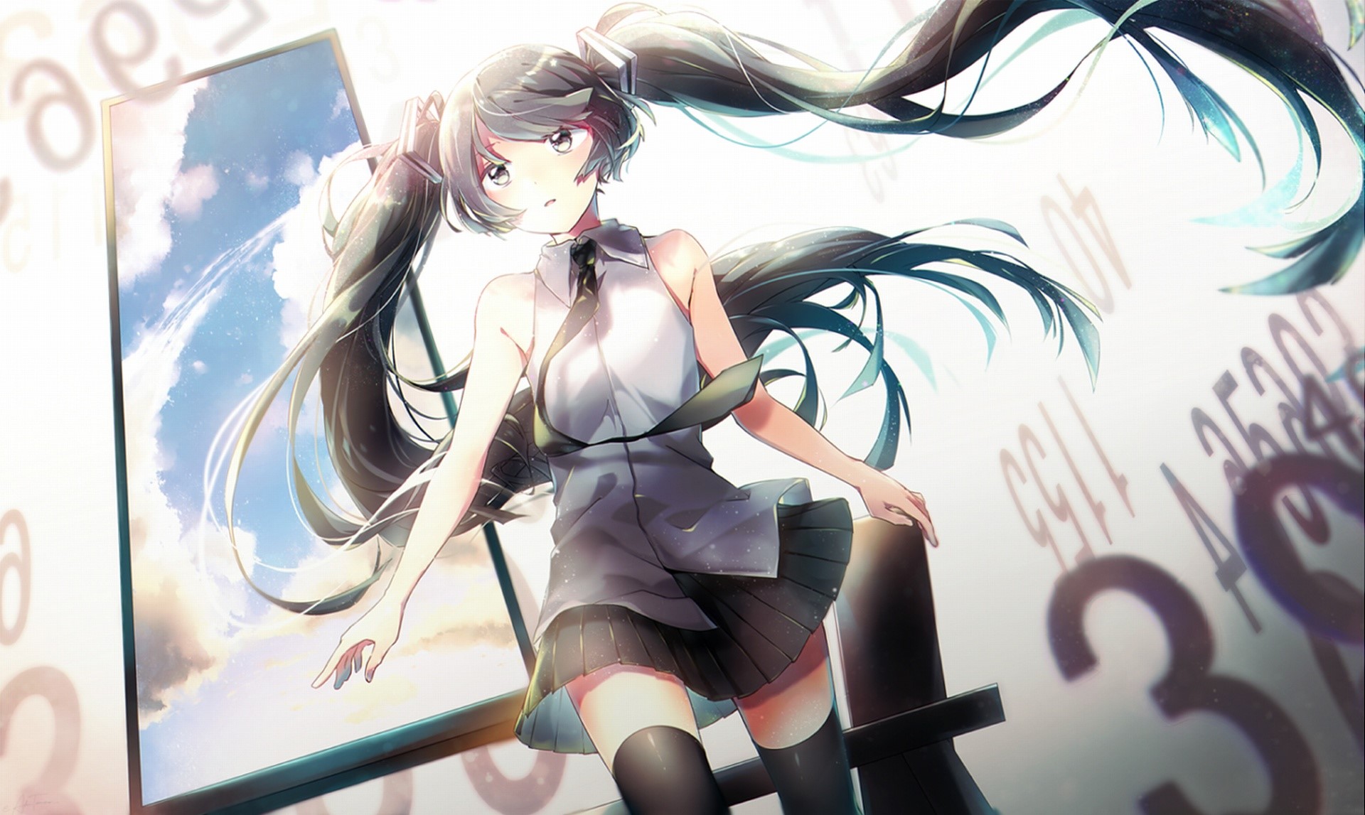 Hatsune Miku, anime girls, long hair, miniskirt, anime, dark hair, numbers, HD Wallpaper