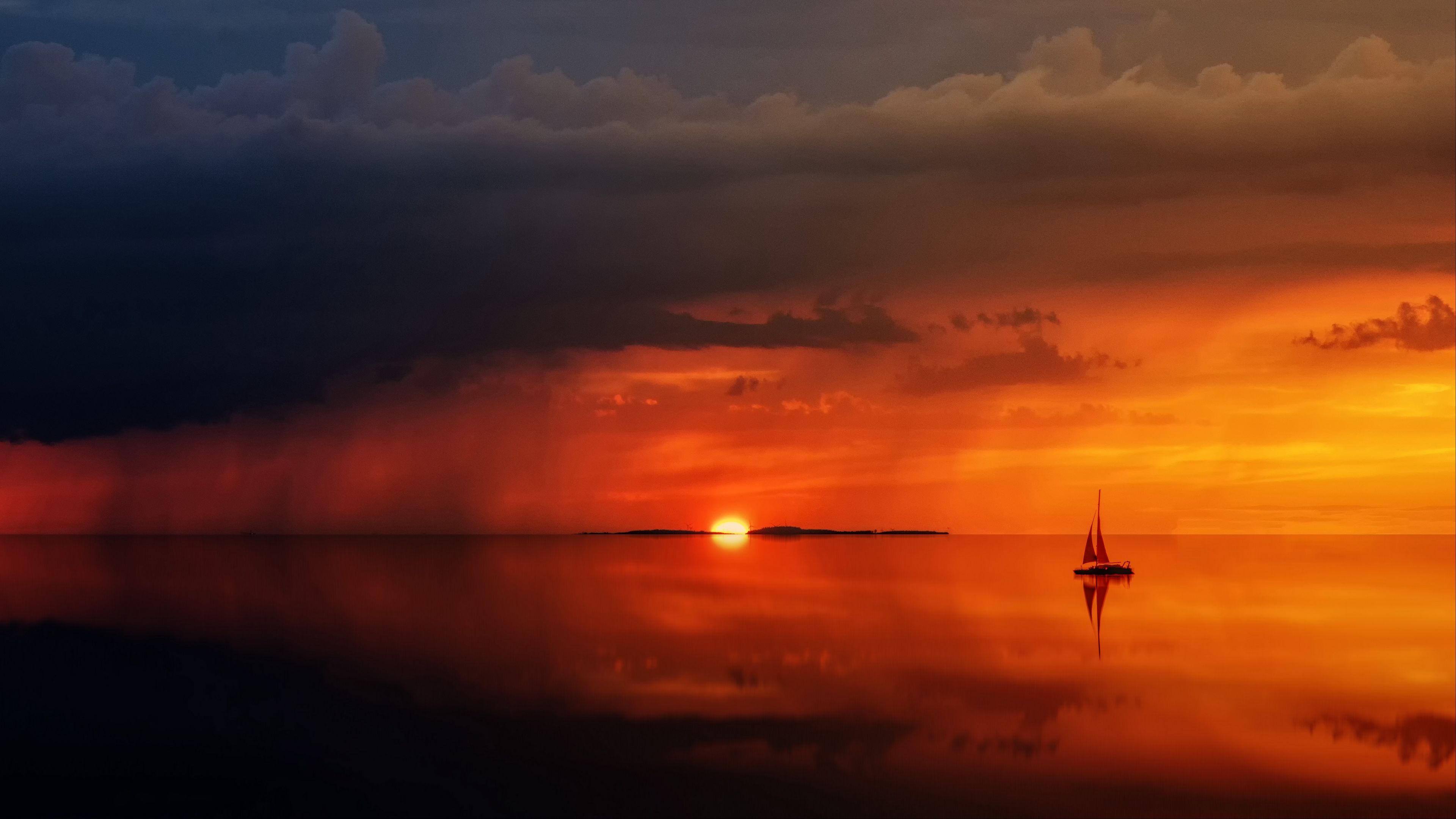 sea, horizon, sail, sunset, lonely, clouds, 4k, HD Wallpaper