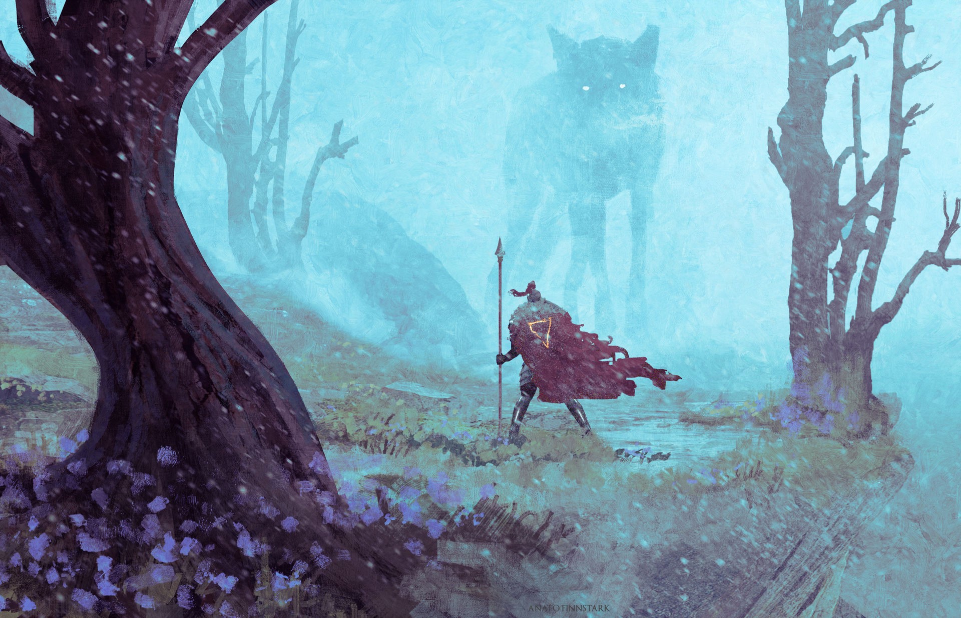 fantasy art, wolf, forest, spear, mist, warrior, cape, creature, trees, cyan, Anato Finnstark, HD Wallpaper
