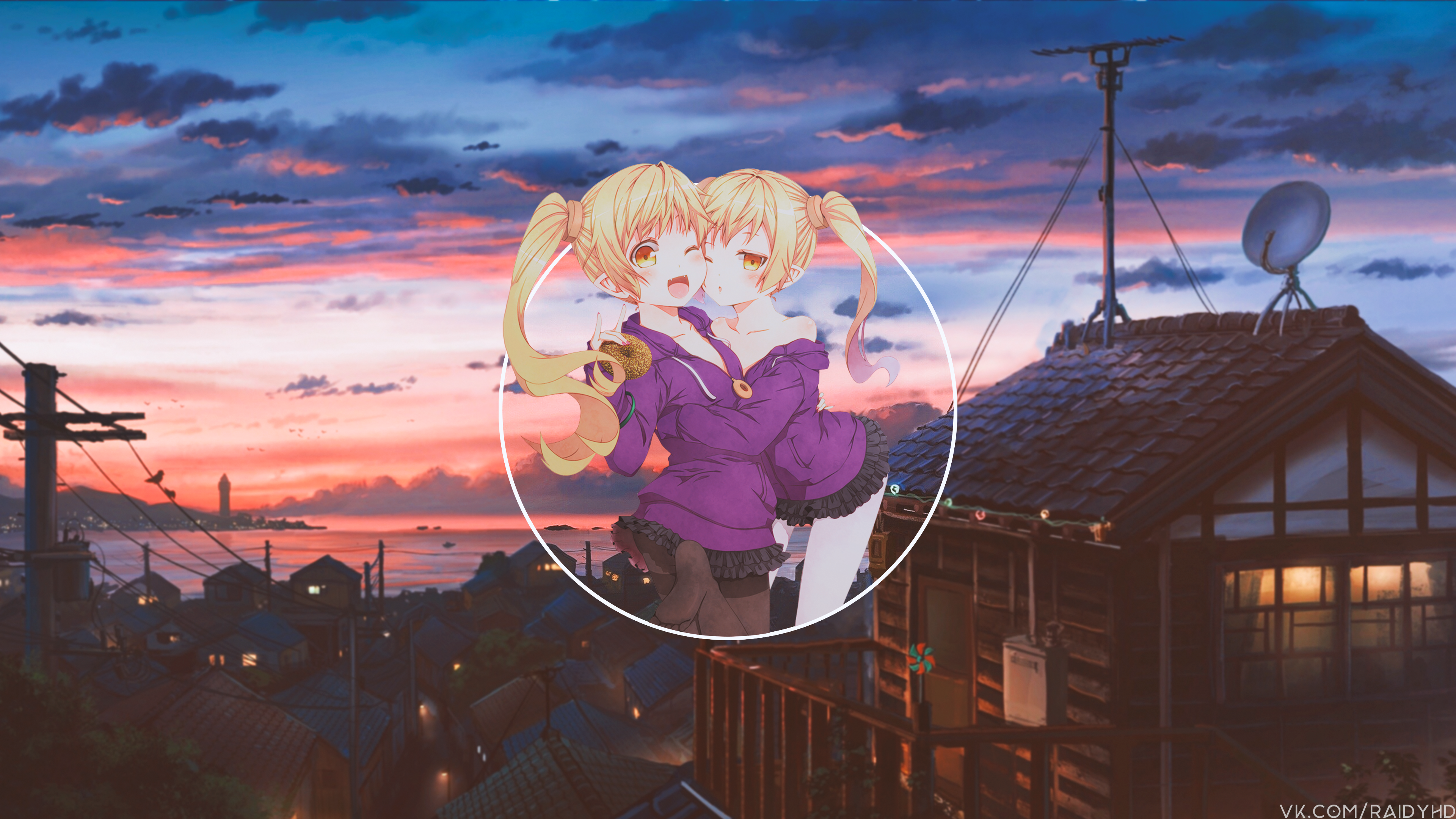 anime girls, anime, picture-in-picture, sky, blonde, urban, long hair, HD Wallpaper