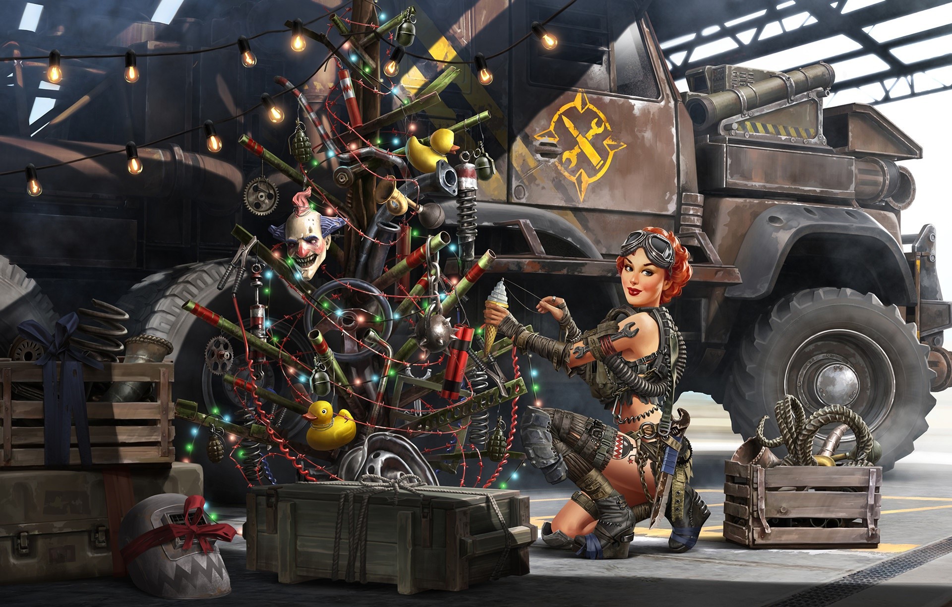 anime, anime girls, vehicle, truck, Christmas Tree, redhead, HD Wallpaper