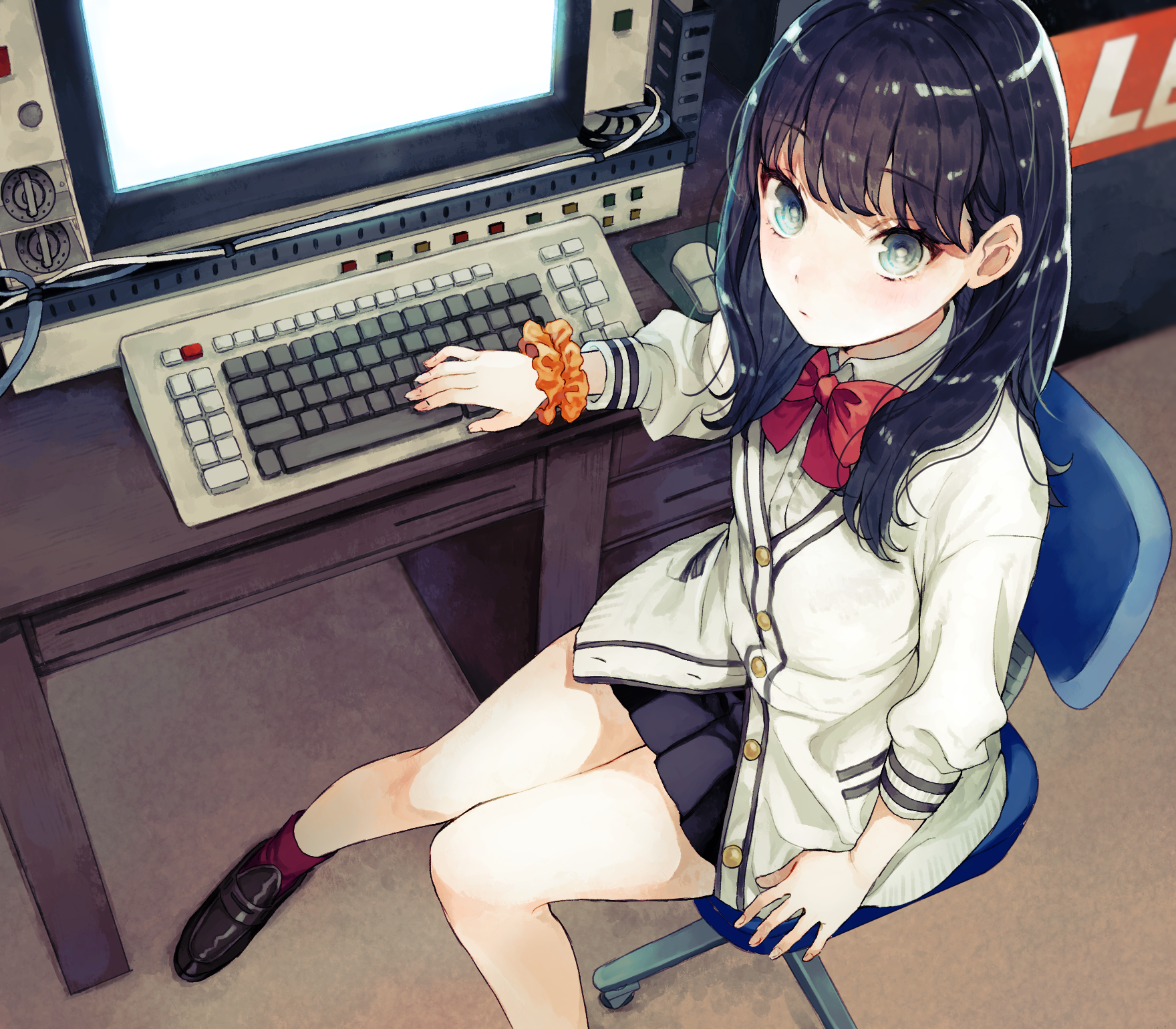 Takarada Rikka, SSSS.GRIDMAN, anime girls, artwork, digital art, 2D, illustration, fan art, looking at viewer, sitting, high angle, small boobs, thighs, school uniform, JK, black hair, long hair, blushing, blue eyes, computer, HD Wallpaper