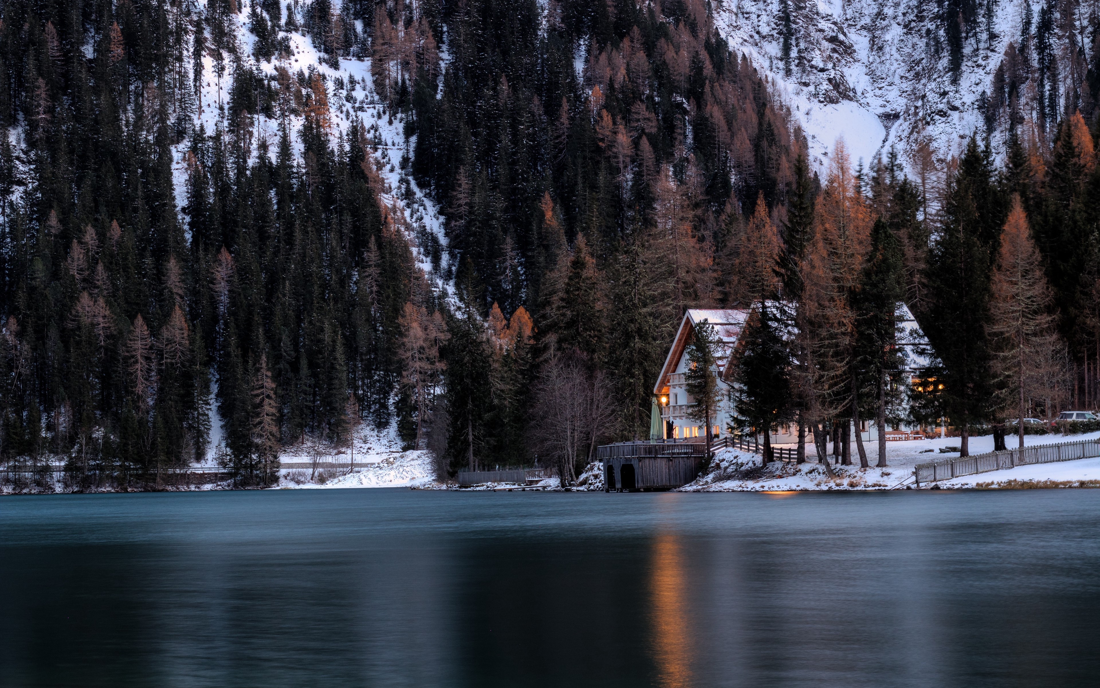 landscape, nature, mountains, trees, snow, lake, house, building, HD Wallpaper
