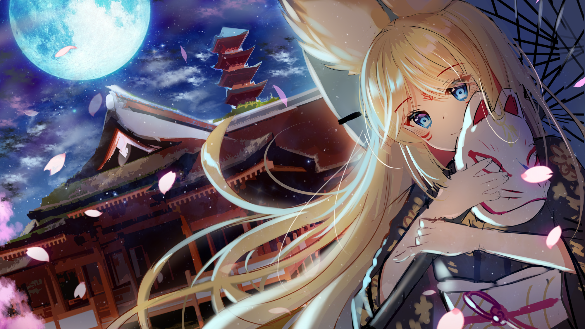 anime girls, mask, kimono, umbrella, house, moonlight, HD Wallpaper