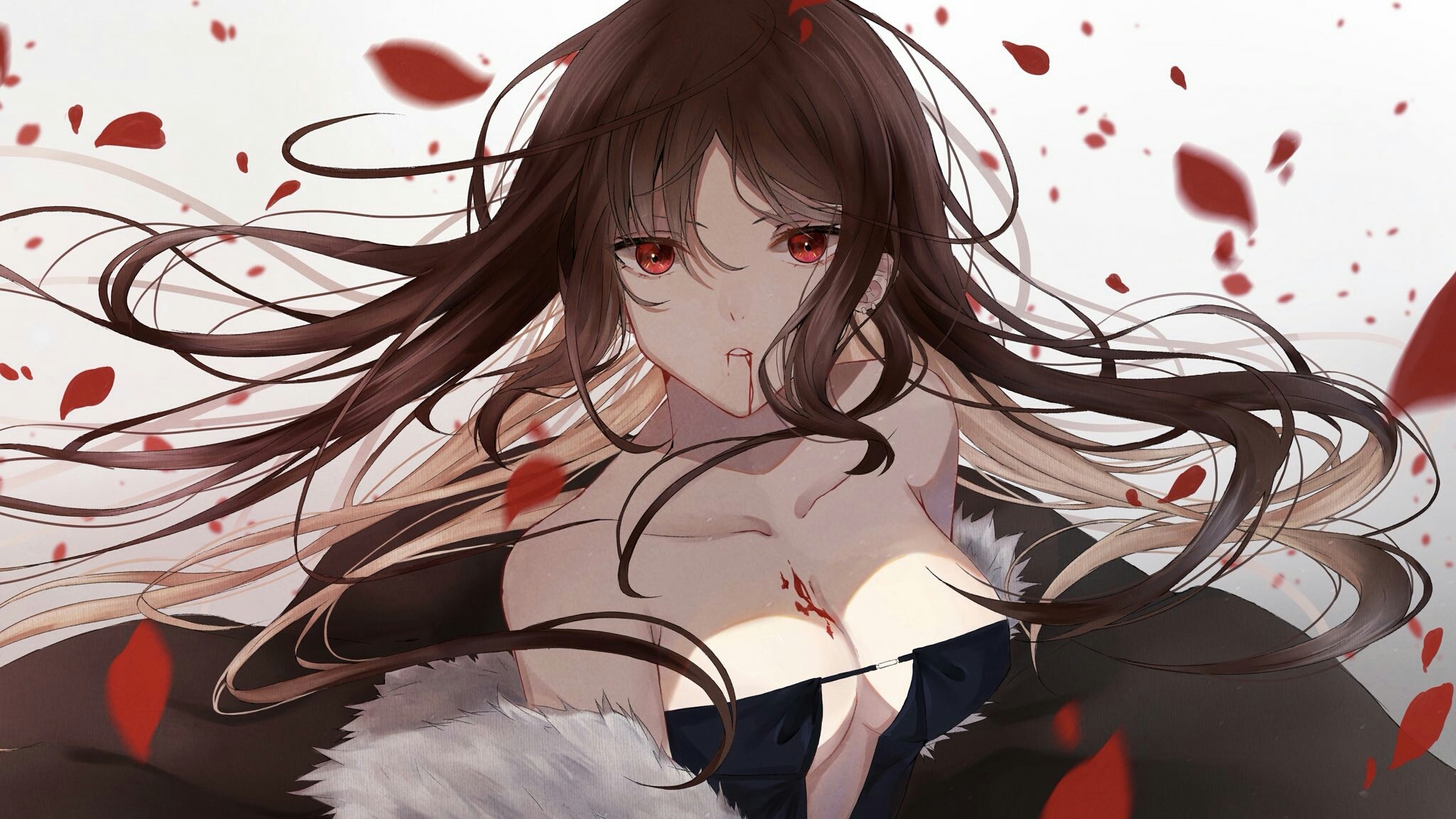 anime girls, anime, Fate/Grand Order, blood, red eyes, brunette, cleavage, boobs, HD Wallpaper