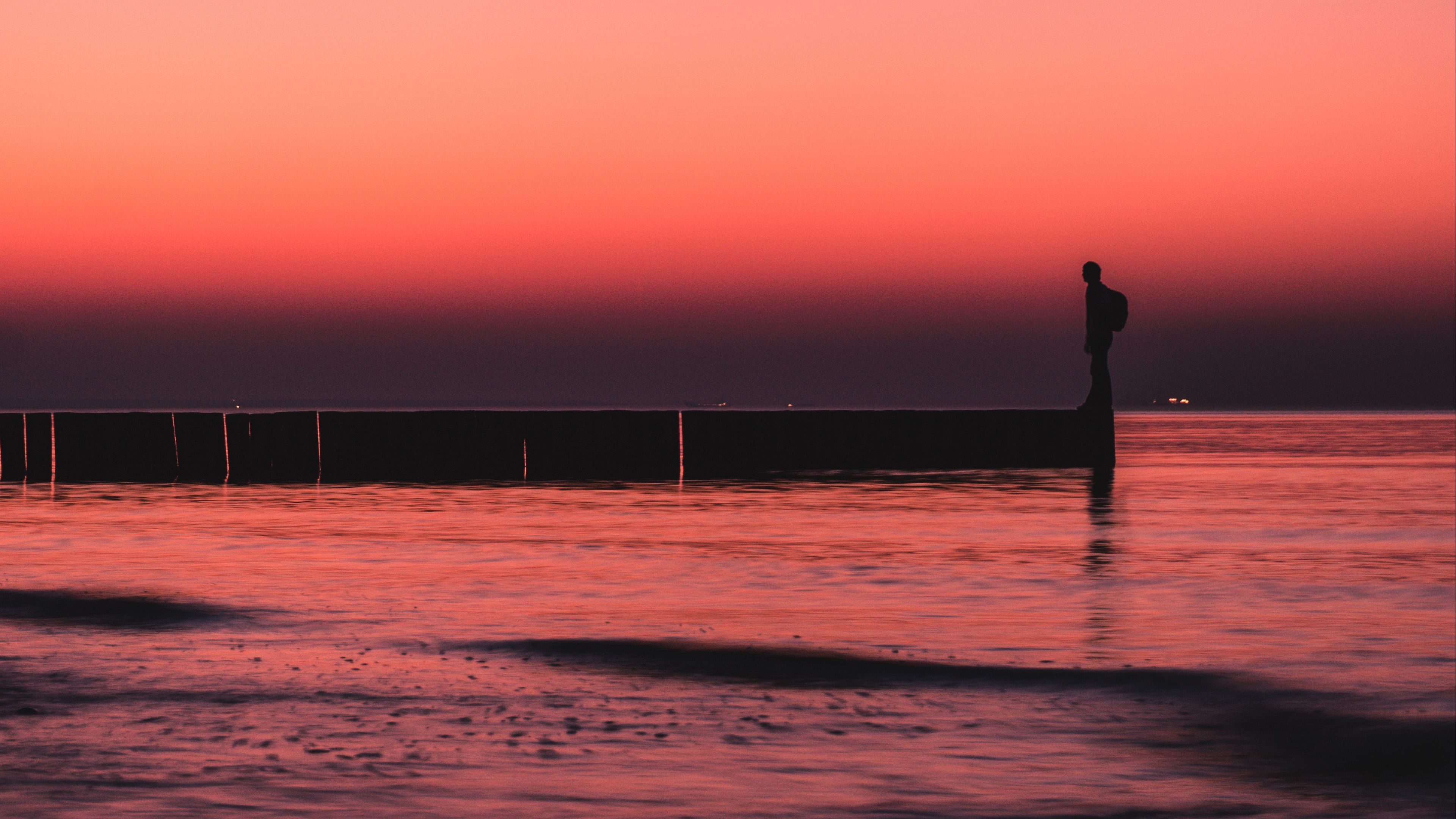 pier, sunset, loneliness, sea, horizon, 4k, HD Wallpaper