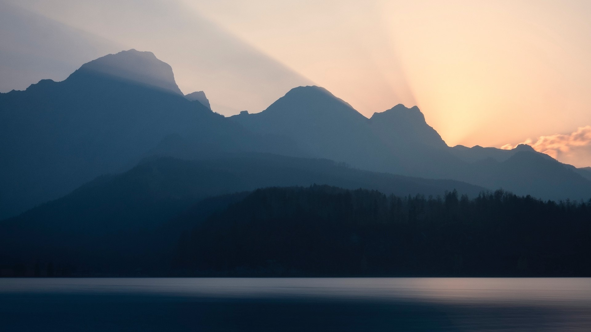 landscape, nature, mountains, lake, sunset, silhouette, HD Wallpaper
