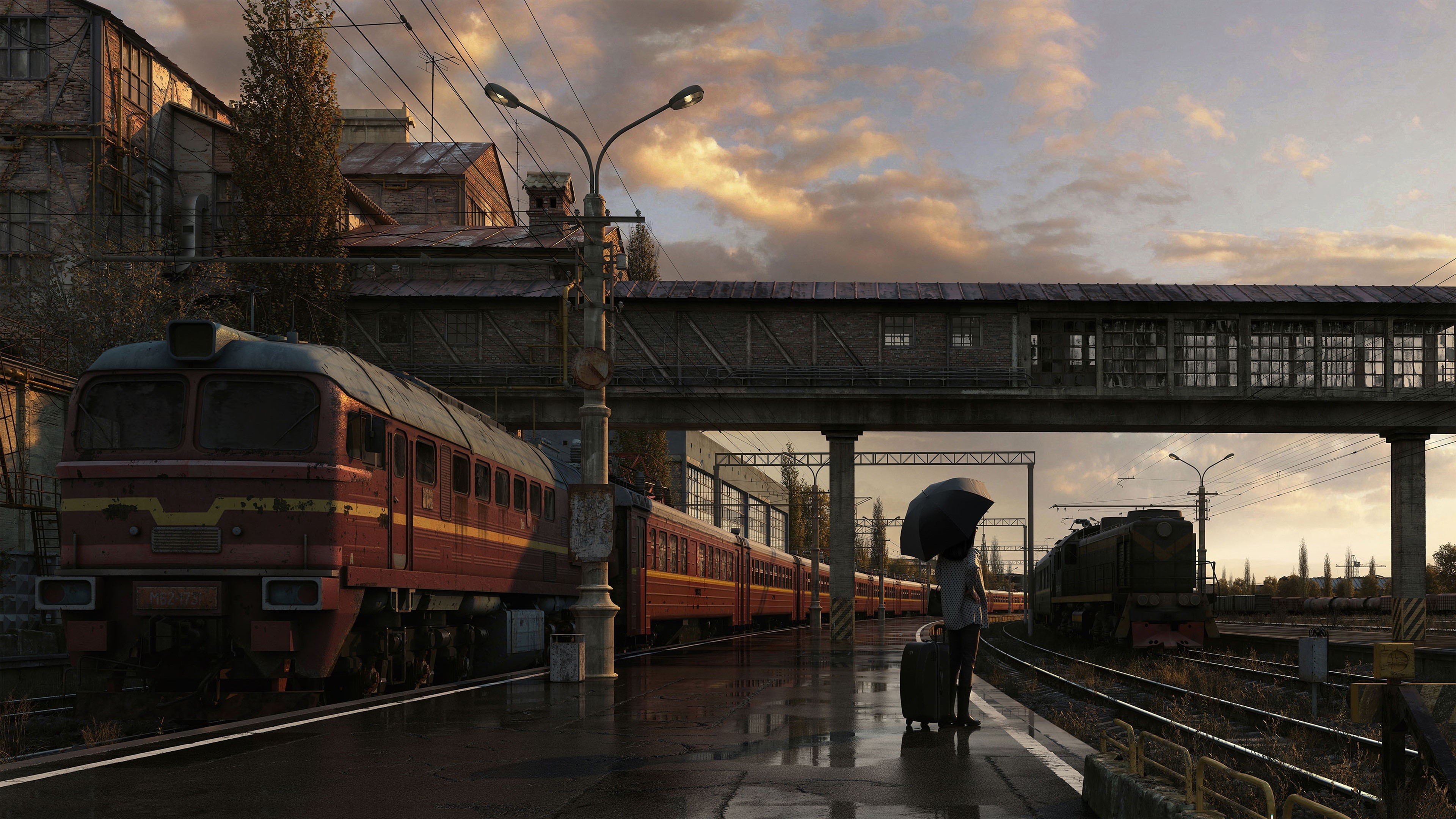 digital art, women, umbrella, city, train, train station, Andrew Averkin, HD Wallpaper