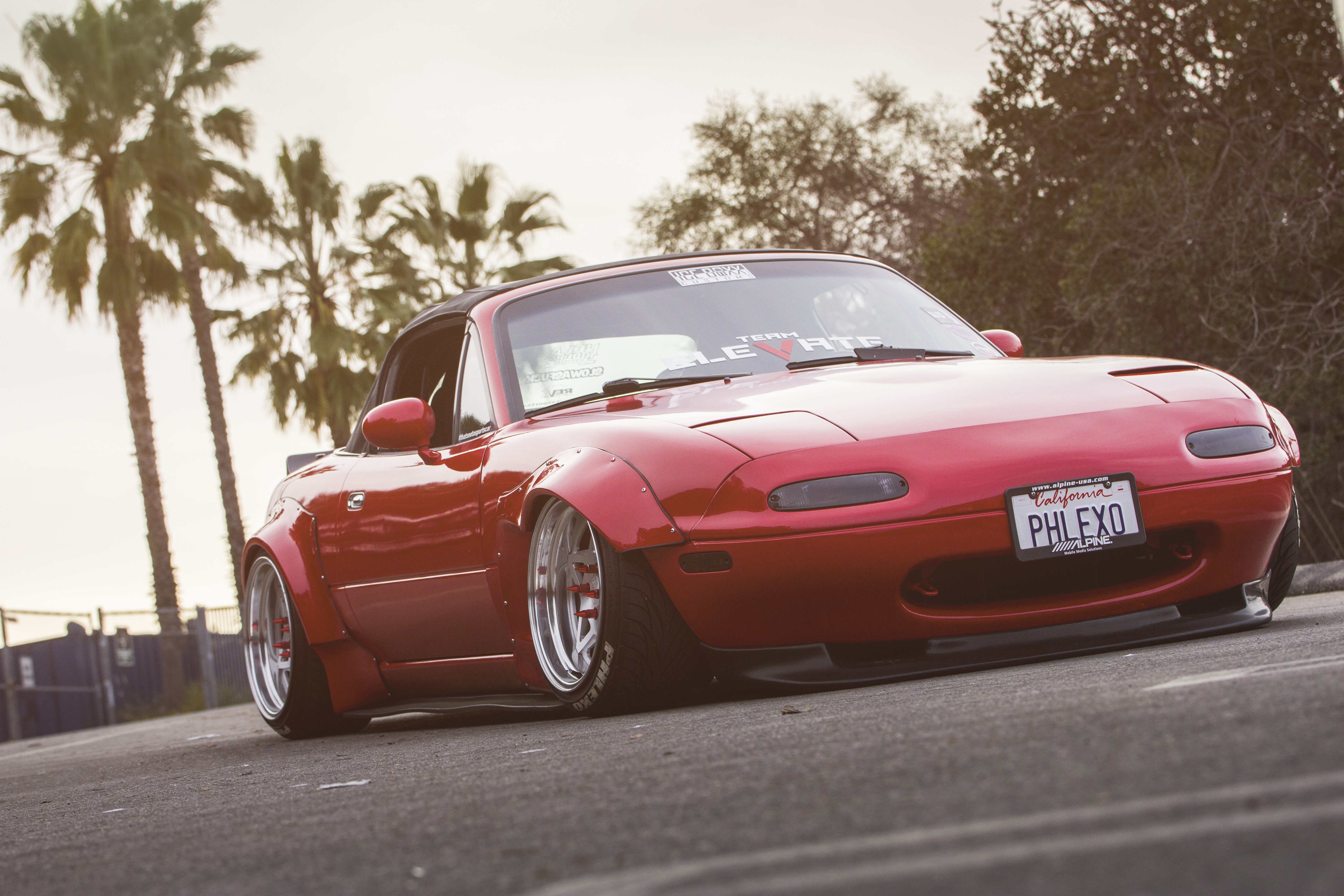 miata, Mazda MX-5, MX-5, mx5, widebody, Rocket Bunny, Mazda, Los Angeles, car, red cars, vehicle, pop-up headlights, front angle view, stanced, HD Wallpaper
