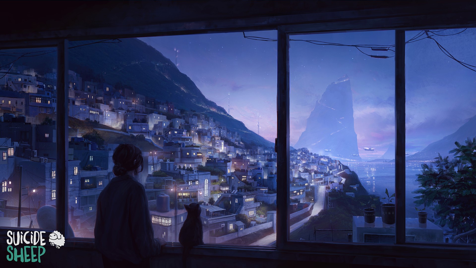 horizon, women, cats, city, digital art, digital, artwork, HD Wallpaper