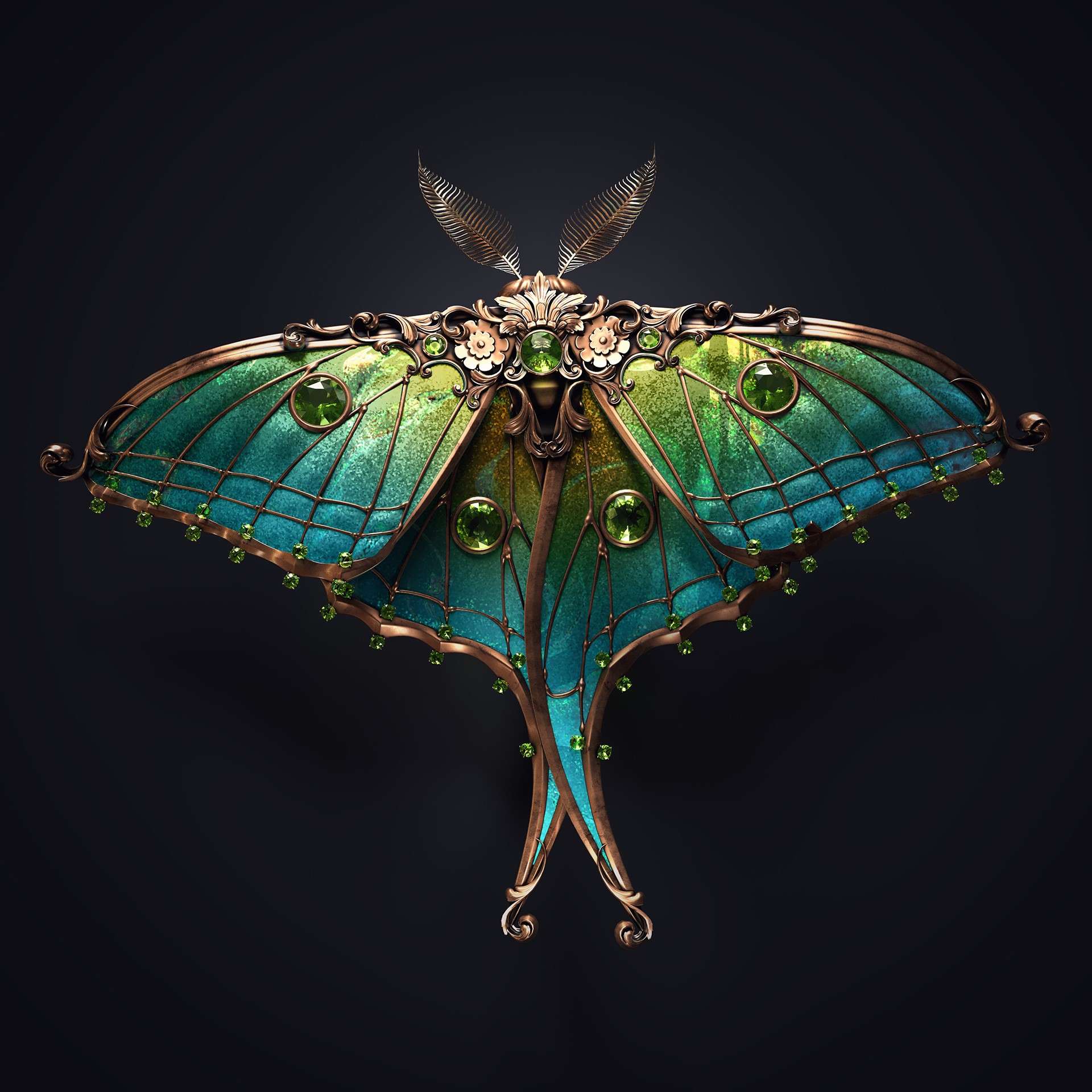 Sasha Vinogradova, jewel, 3D, render, insect, ornamented, copper, black background, HD Wallpaper