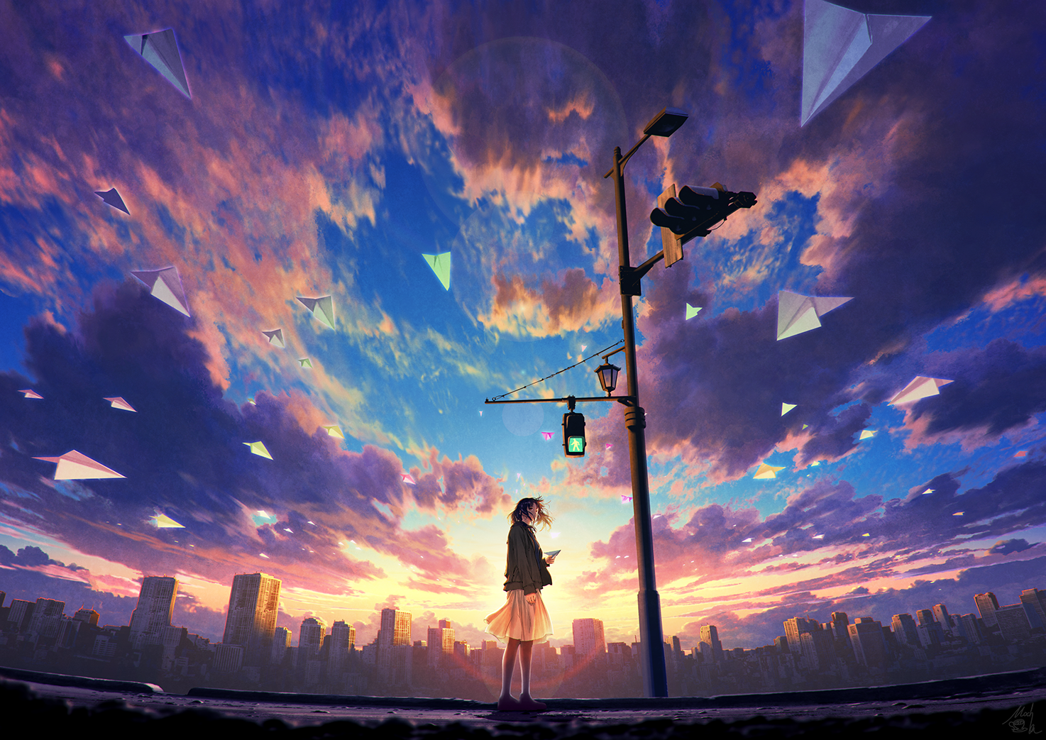 anime girls, sky, city, traffic lights, anime, paper planes, sunlight, cityscape, blue, urban, HD Wallpaper