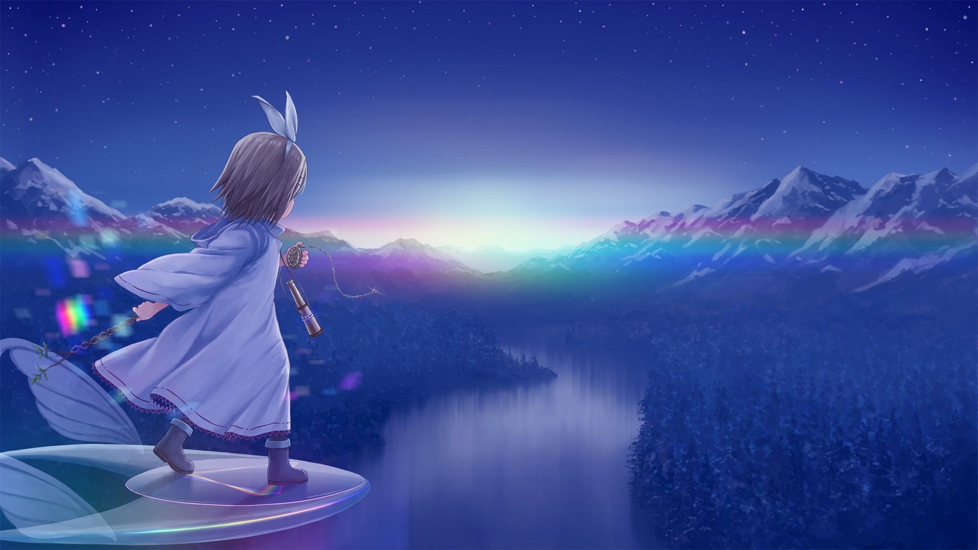 sky, stars, mountain top, anime girls, anime, landscape, river, mountains, HD Wallpaper