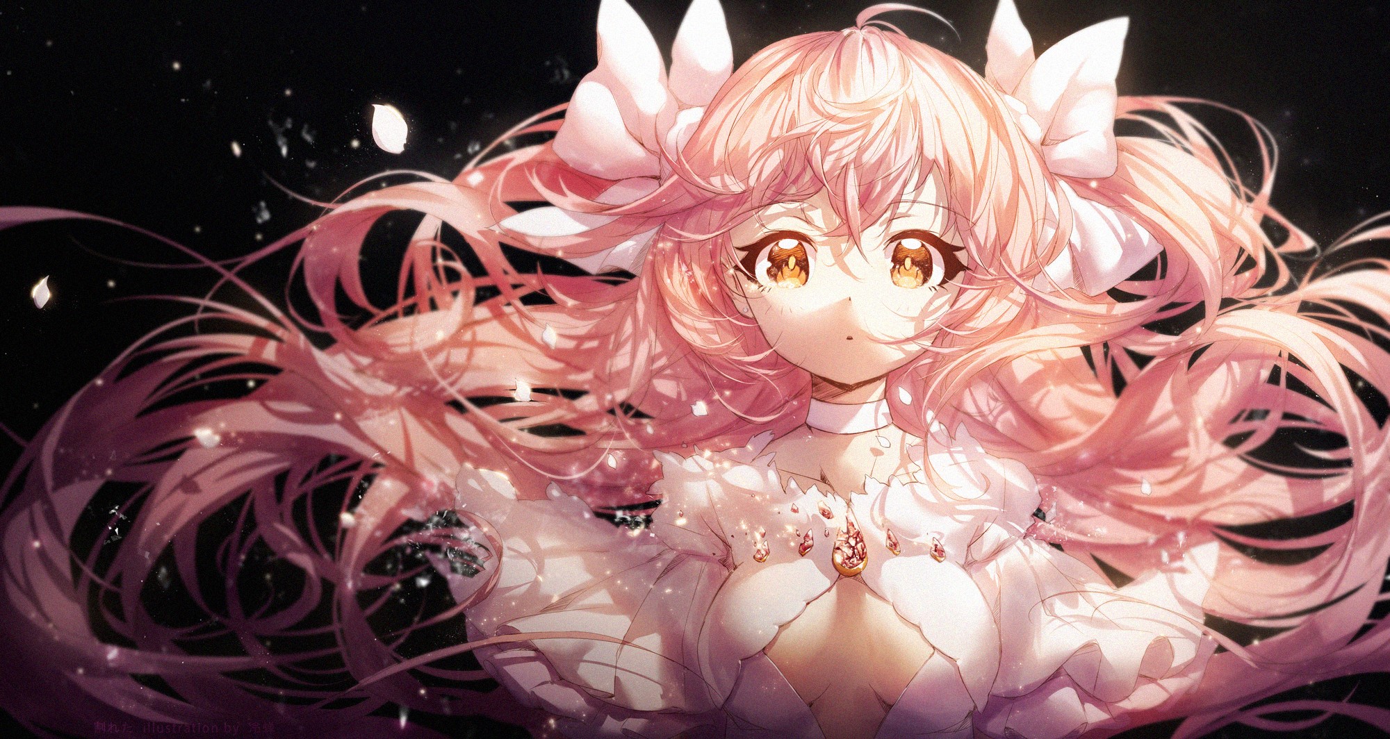 anime girls, pink hair, long hair, hair ornament, orange eyes, anime, boobs, HD Wallpaper