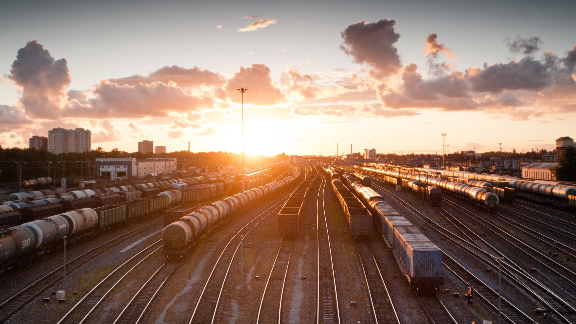 sunset, railway, train, sunlight, urban, sky, rail yard, HD Wallpaper