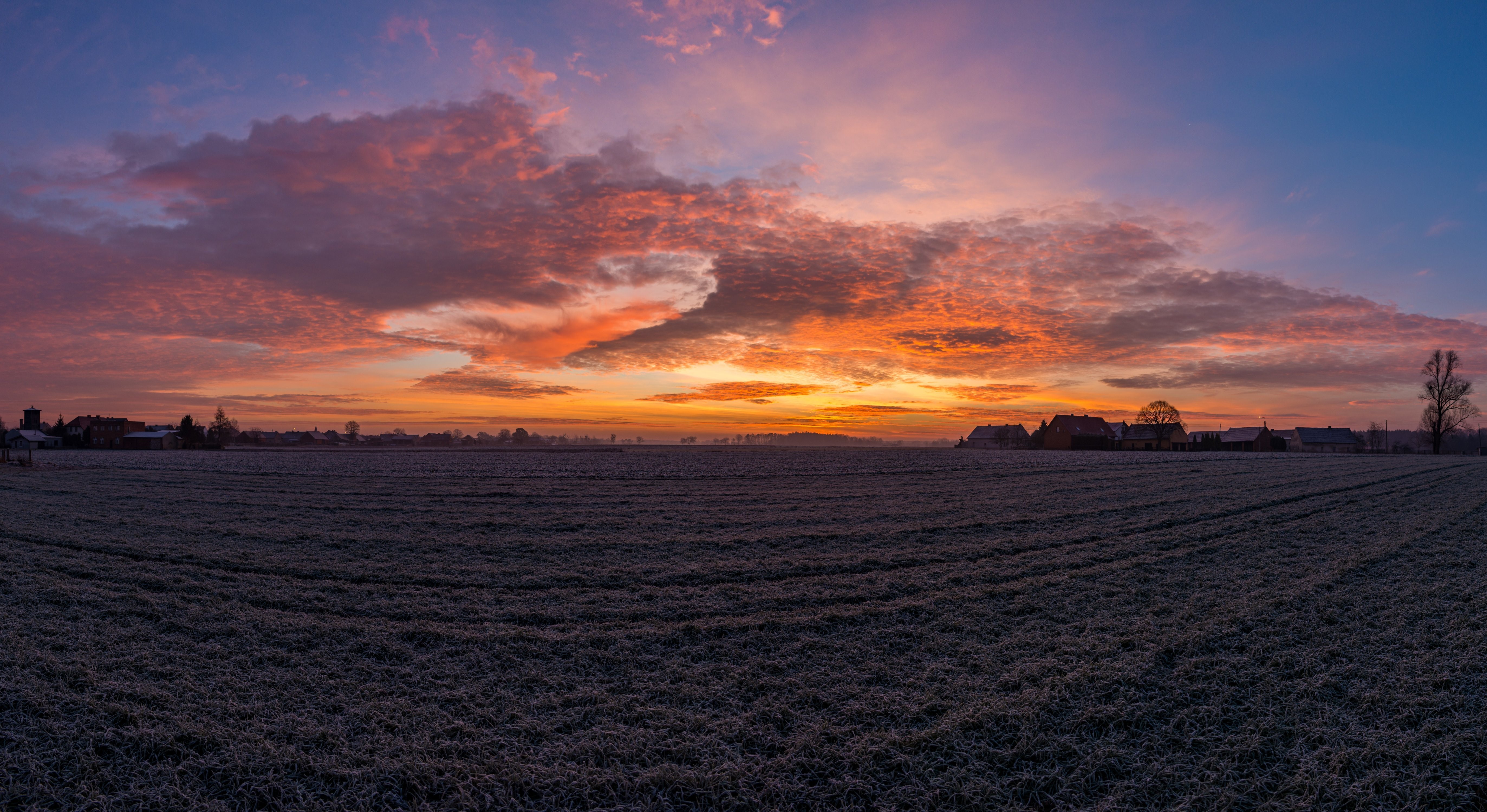 nature, landscape, sunrise, orange sky, Poland, village, fall, HD Wallpaper
