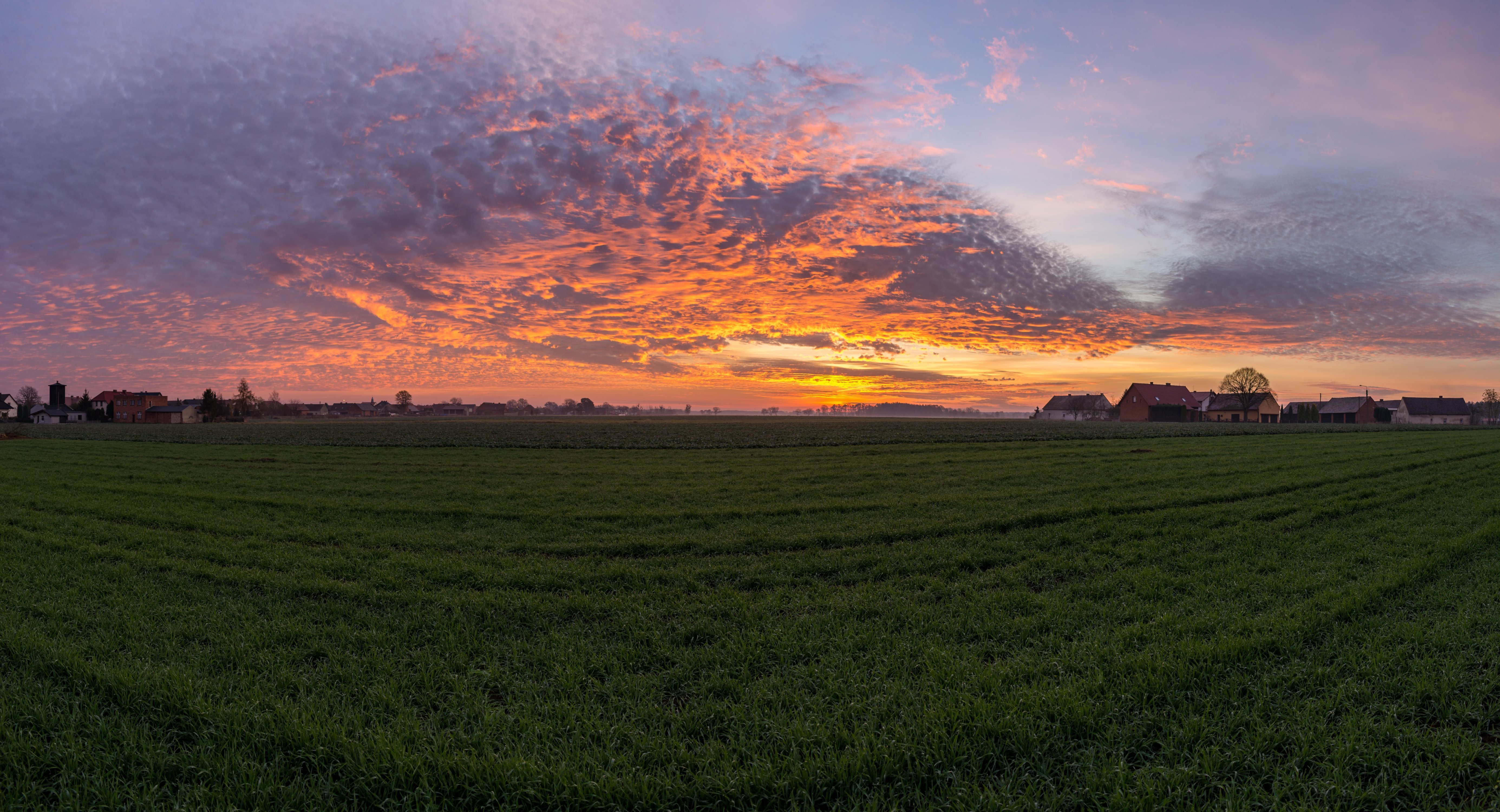 nature, landscape, sunrise, orange sky, Poland, village, fall, HD Wallpaper