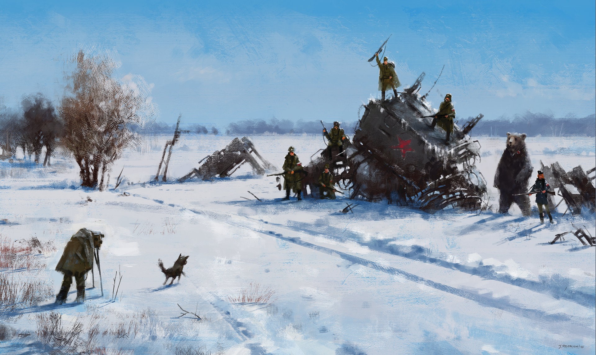 digital art, army, soldier, robot, animals, winter, photographer, fictional, landscape, Jakub Różalski, Iron Harvest, HD Wallpaper