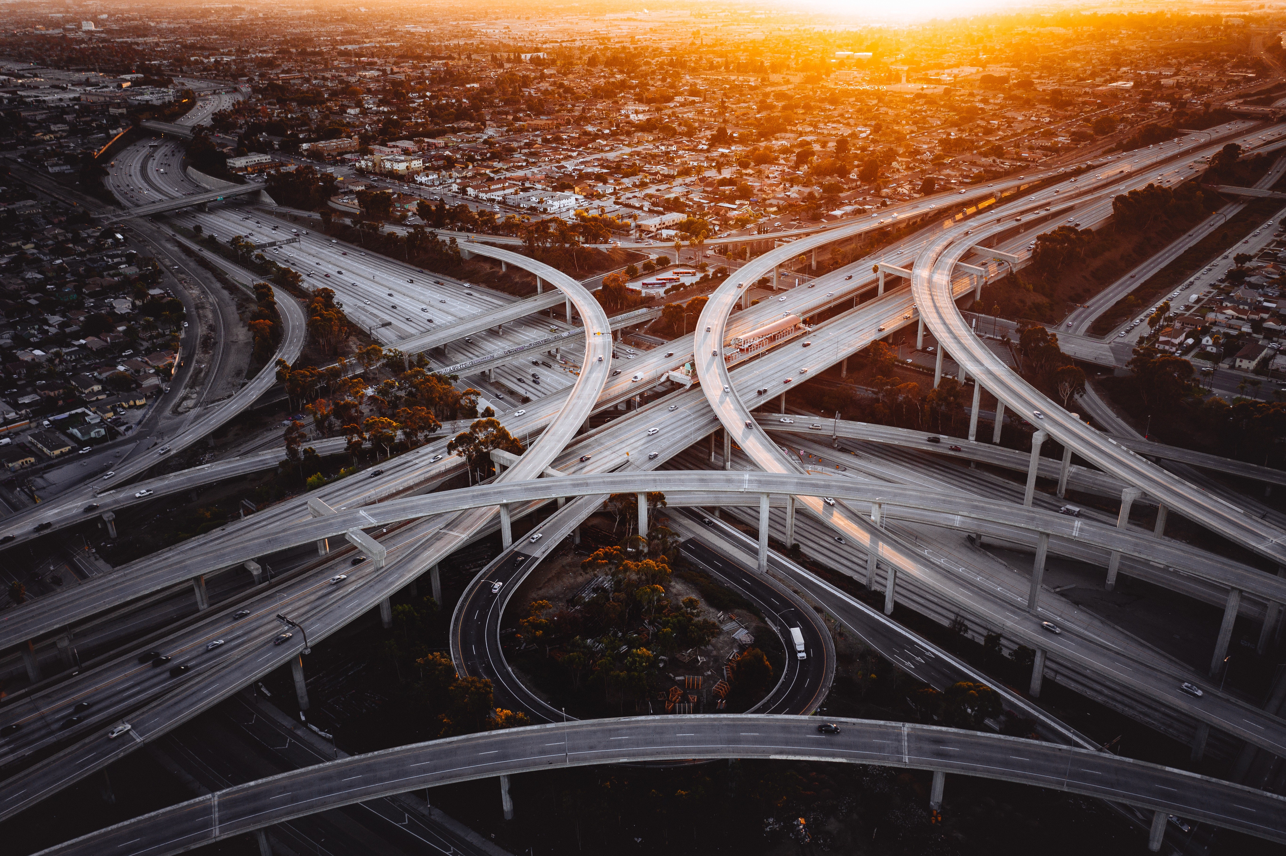 Los Angeles, highway, city, sunset, aerial, car, asphalt, drone photo, traffic, cityscape, road, street, Harbor Freeway Station, HD Wallpaper