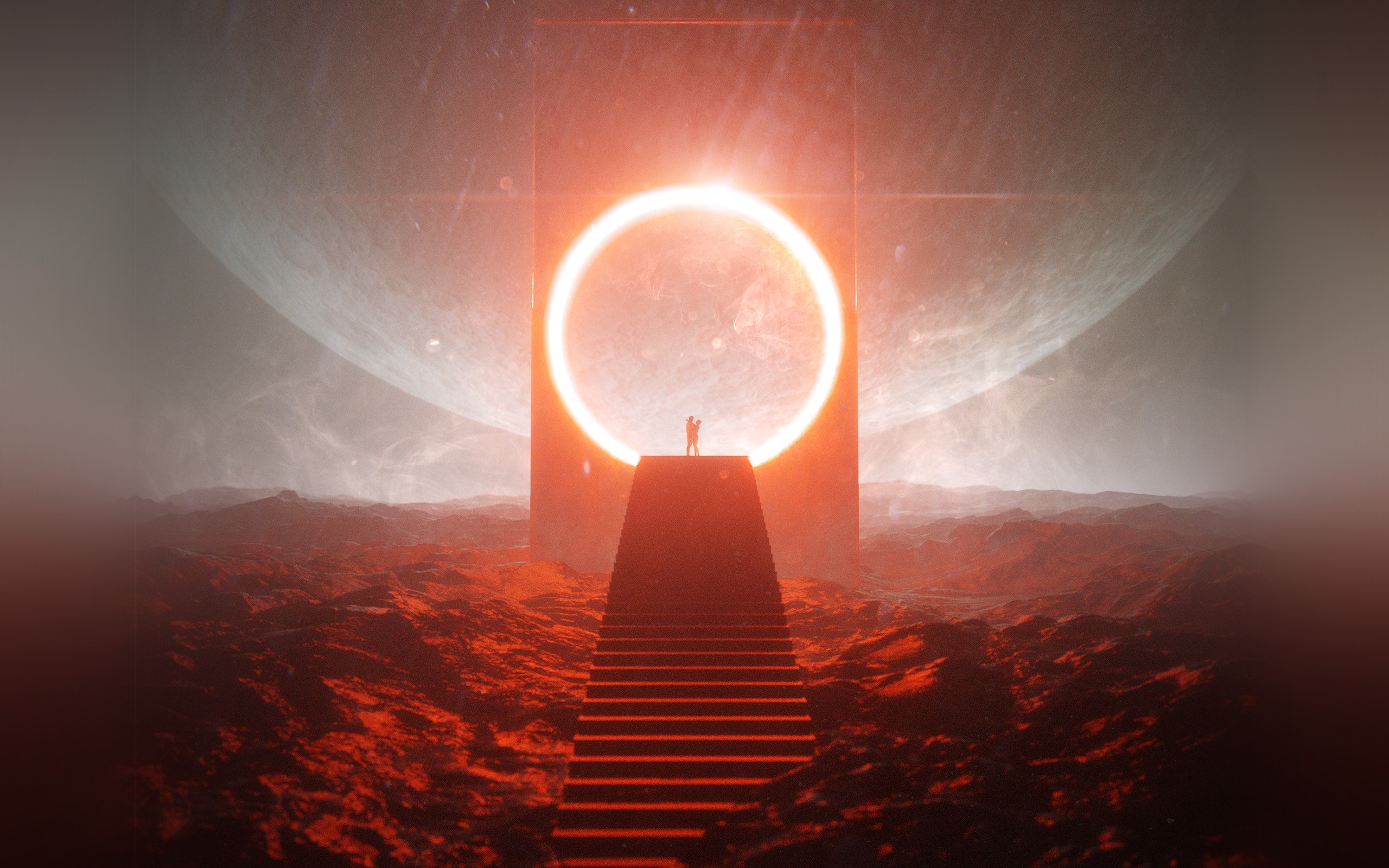 futuristic, couple, planet, Portal, stairs, HD Wallpaper