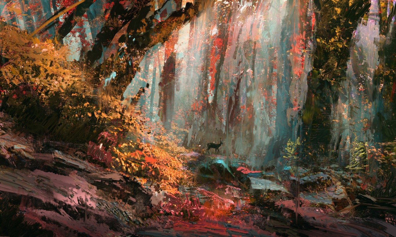 artwork, forest, digital, deer, nature, HD Wallpaper