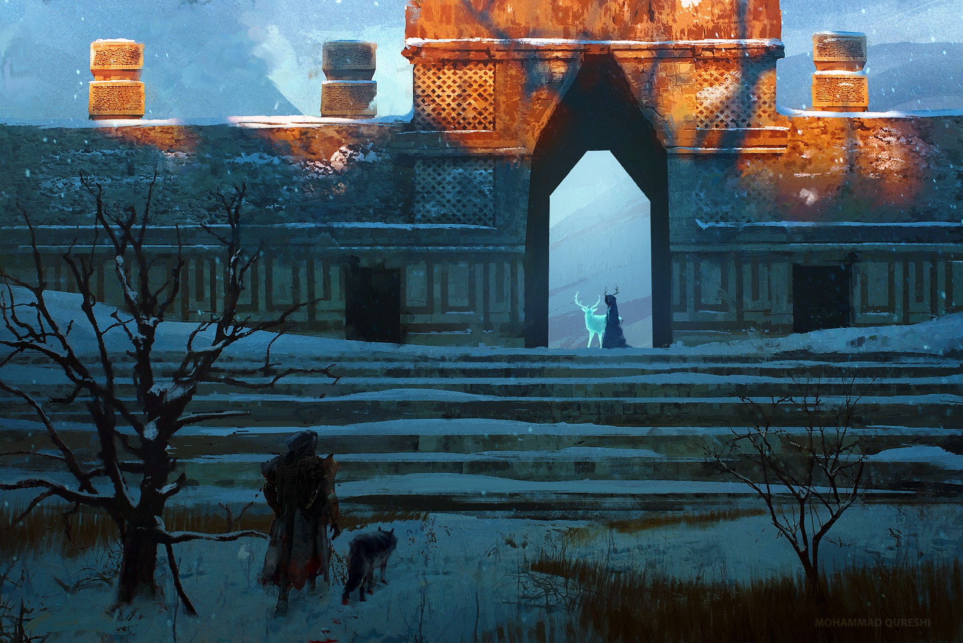 fantasy art, wolf, deer, horns, snow, mountains, environment, spirits, adventurers, wall, HD Wallpaper