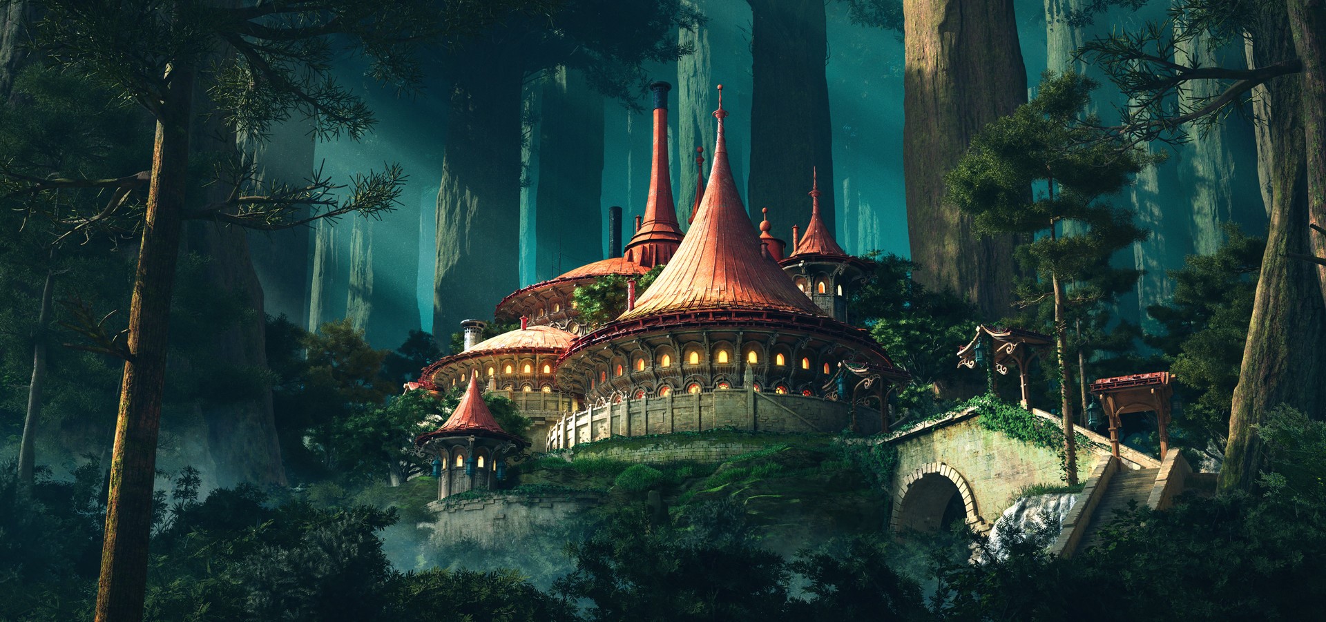 artwork, architecture, forest, redwood, digital art, 3D, environment, trees, CGI, HD Wallpaper