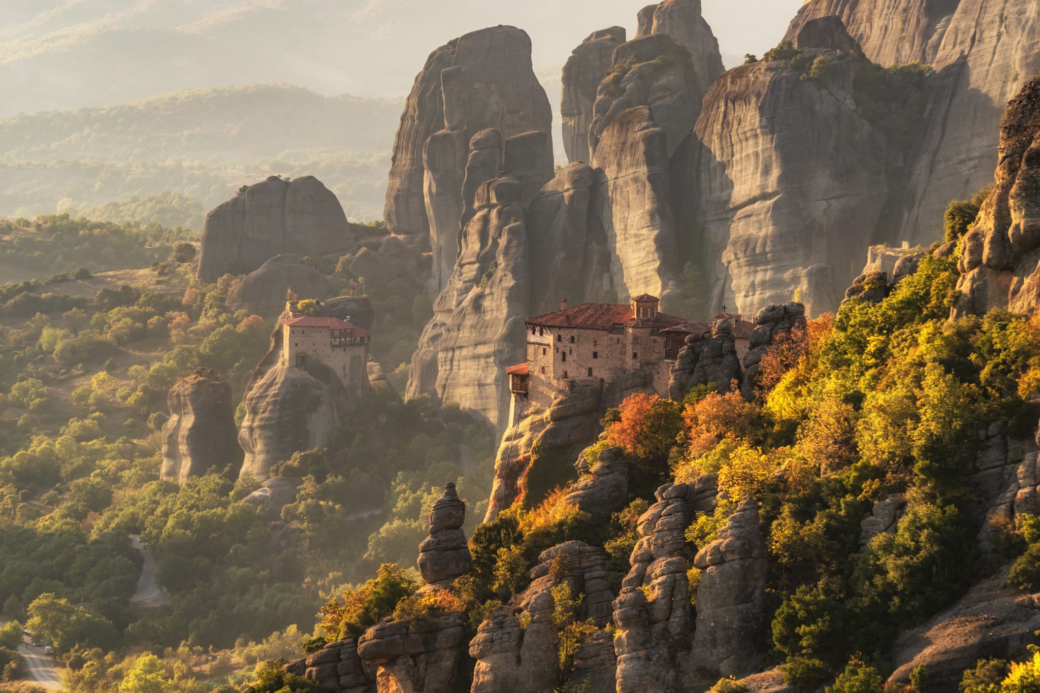 architecture, forest, trees, nature, mountains, Meteora, Greece, HD Wallpaper