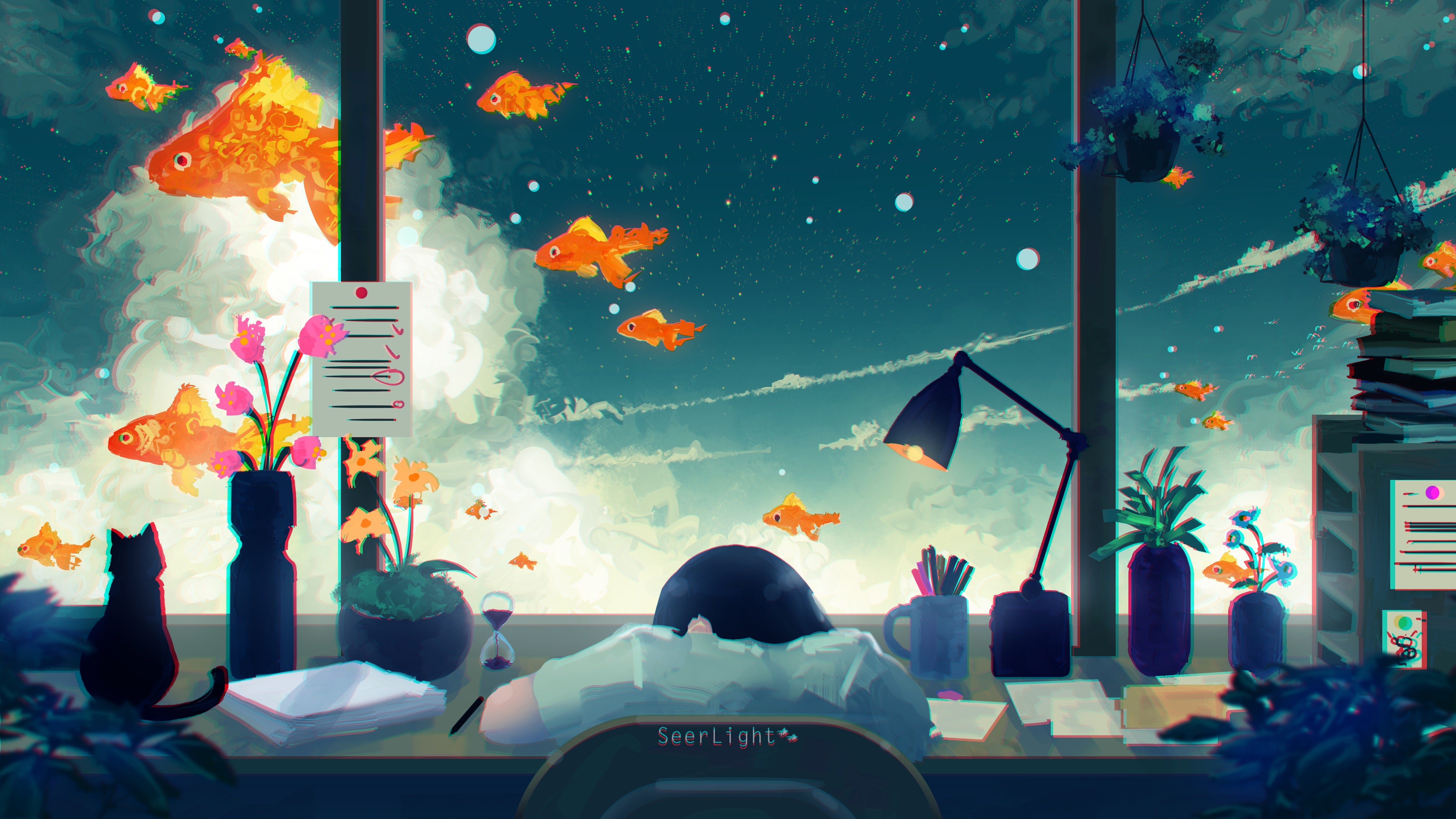 anime girls, digital art, cats, fish, fantasy art, SeerLight, fan art, anaglyphic, HD Wallpaper