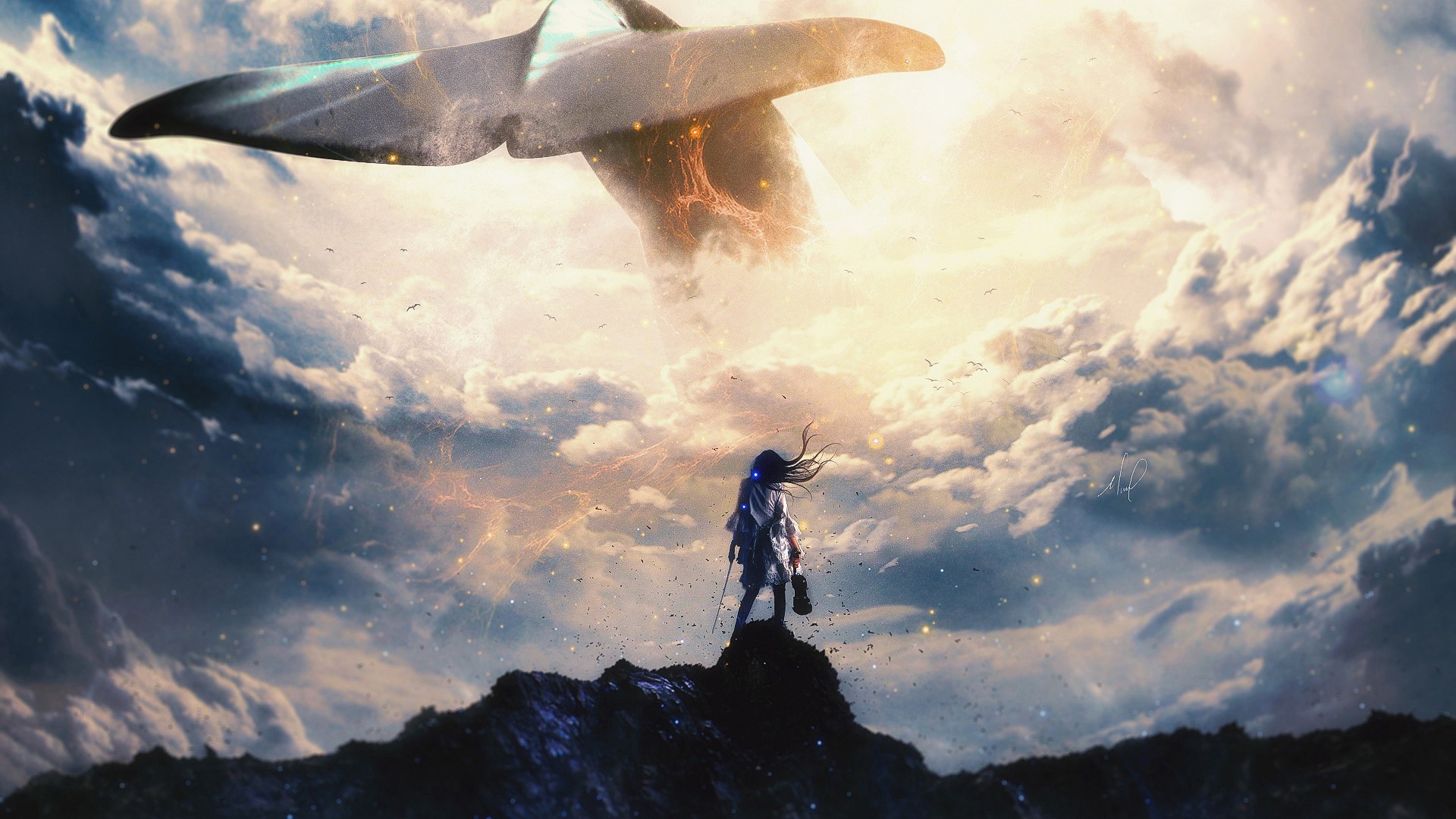 fantasy art, women, clouds, whale, violin, HD Wallpaper