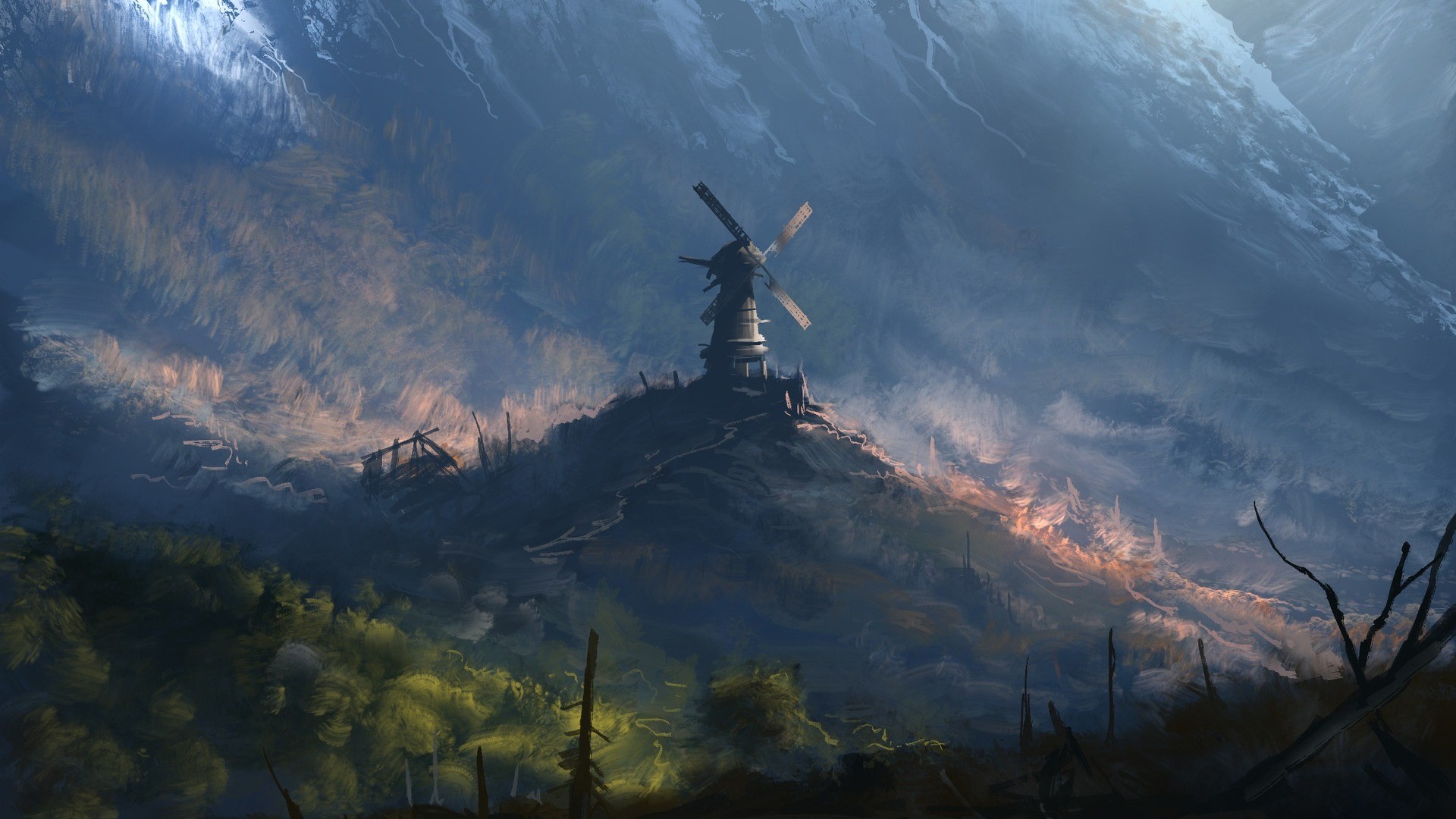 digital art, fantasy art, nature, artwork, valley, windmill, trees, hill, Denis Loebner, HD Wallpaper