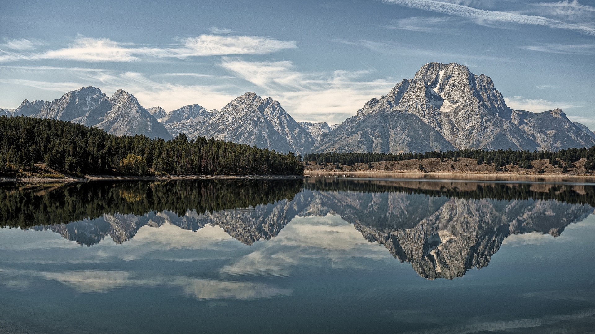 lake, mountains, forest, reflection, clouds, landscape, mount moran, Grand Teton National Park, HD Wallpaper