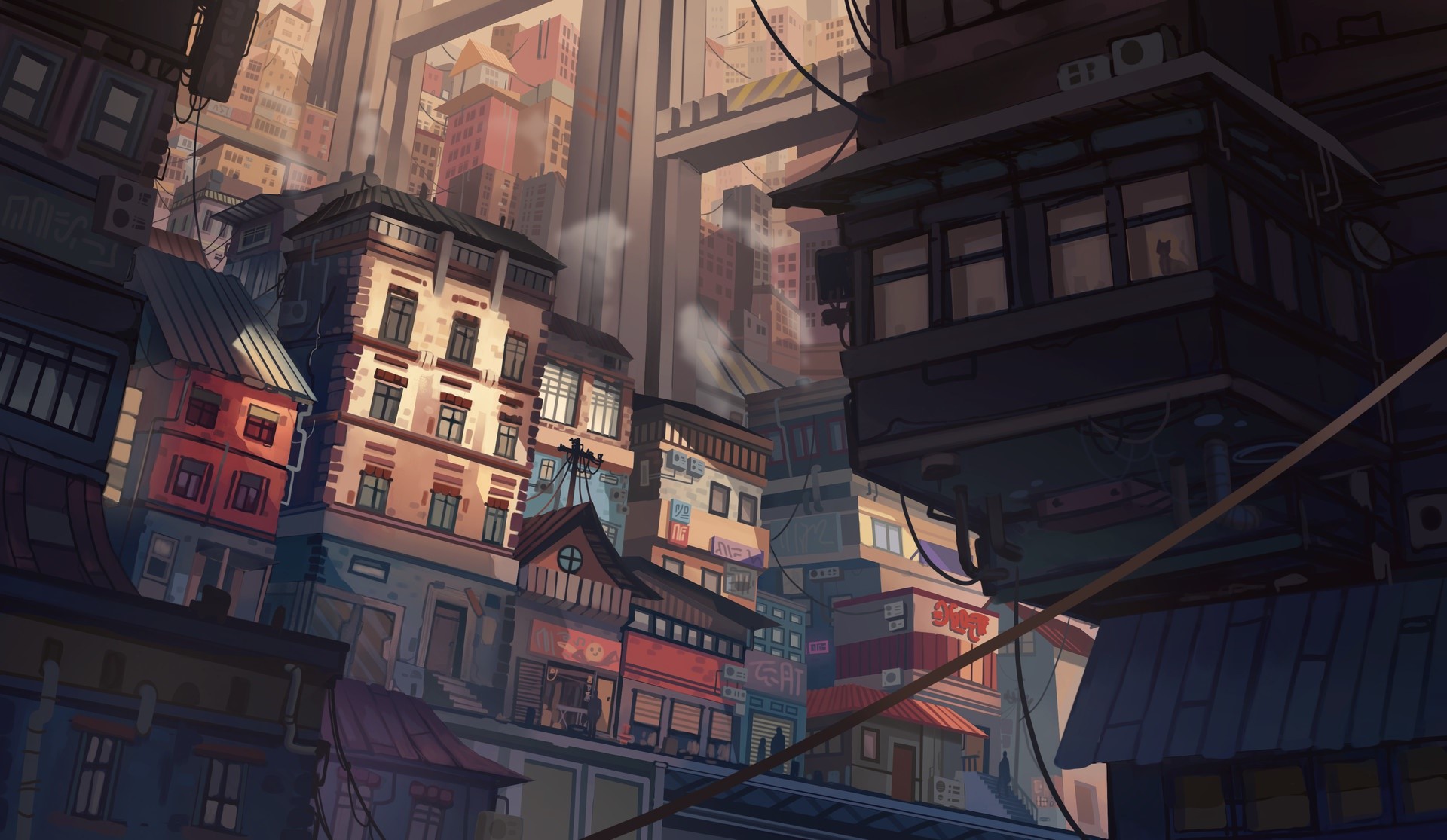 artwork, city, cityscape, low-angle, HD Wallpaper