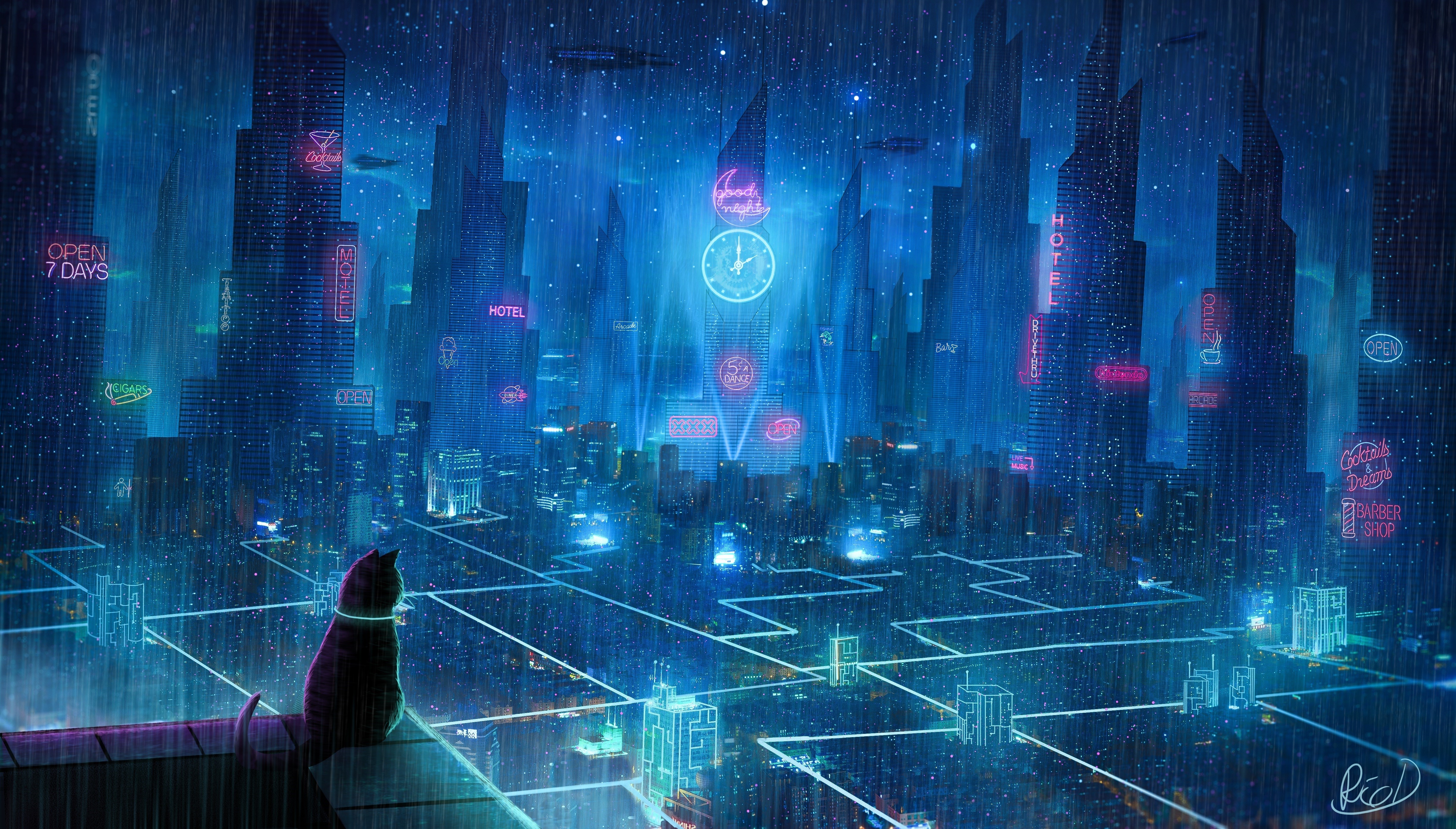 digital art, city, futuristic, cats, fantasy art, science fiction, looking into the distance, cyan, HD Wallpaper