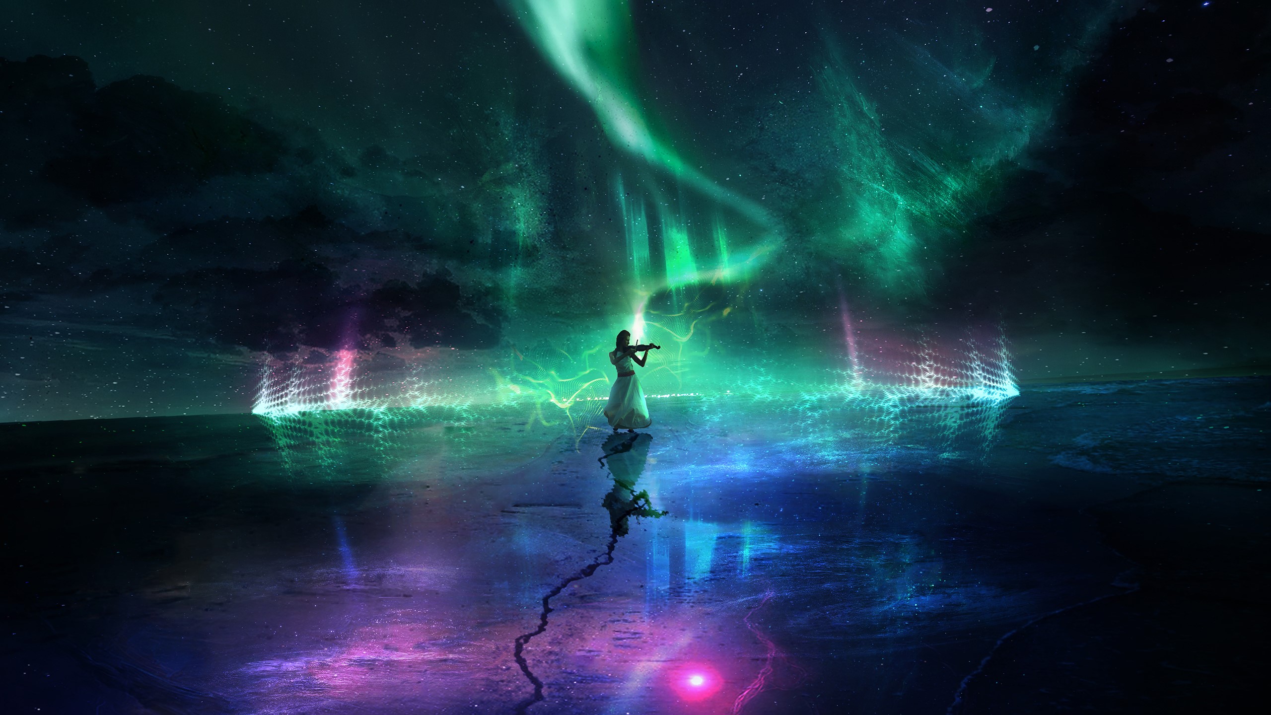 digital art, women, white dress, aurorae, colorful, music, desert, fantasy art, HD Wallpaper