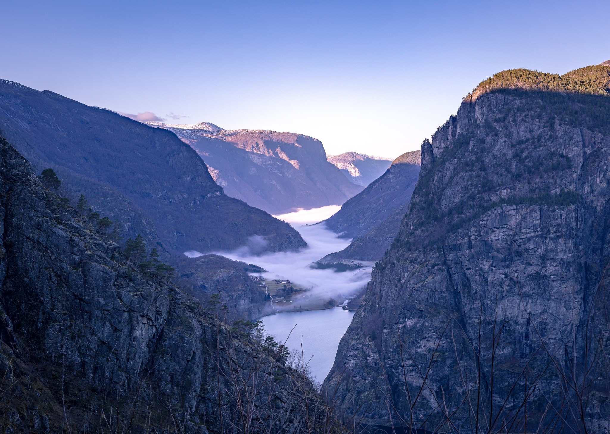 gorge, mountains, clear sky, mist, landscape, Norway, HD Wallpaper