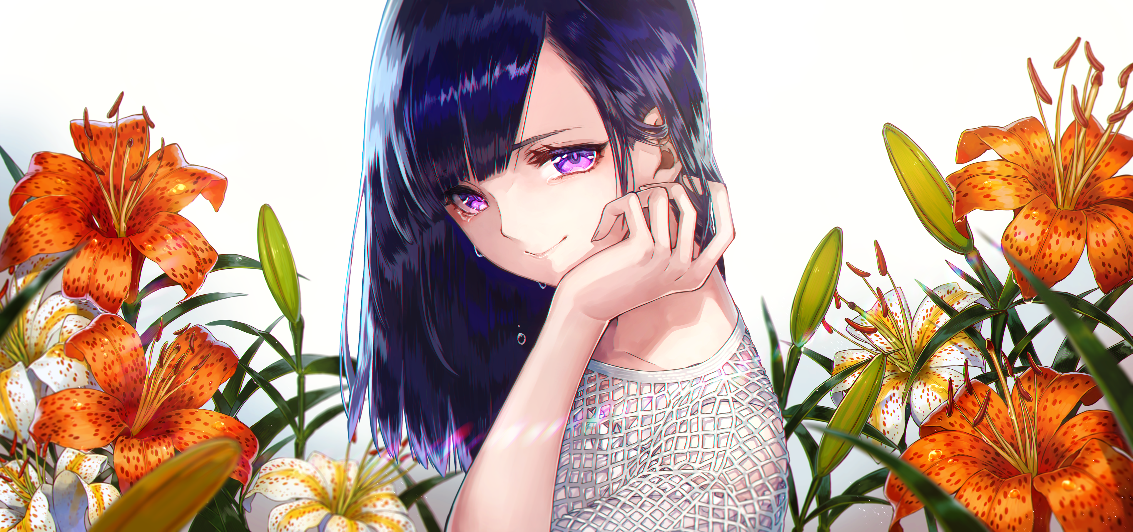 anime, anime girls, blue hair, flowers, HD Wallpaper
