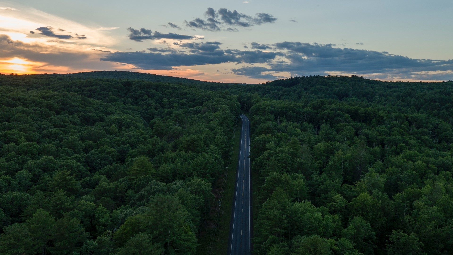 aerial view, road, highway, clouds, trees, forest, USA, hill, Sun, nature, landscape, sunset, HD Wallpaper