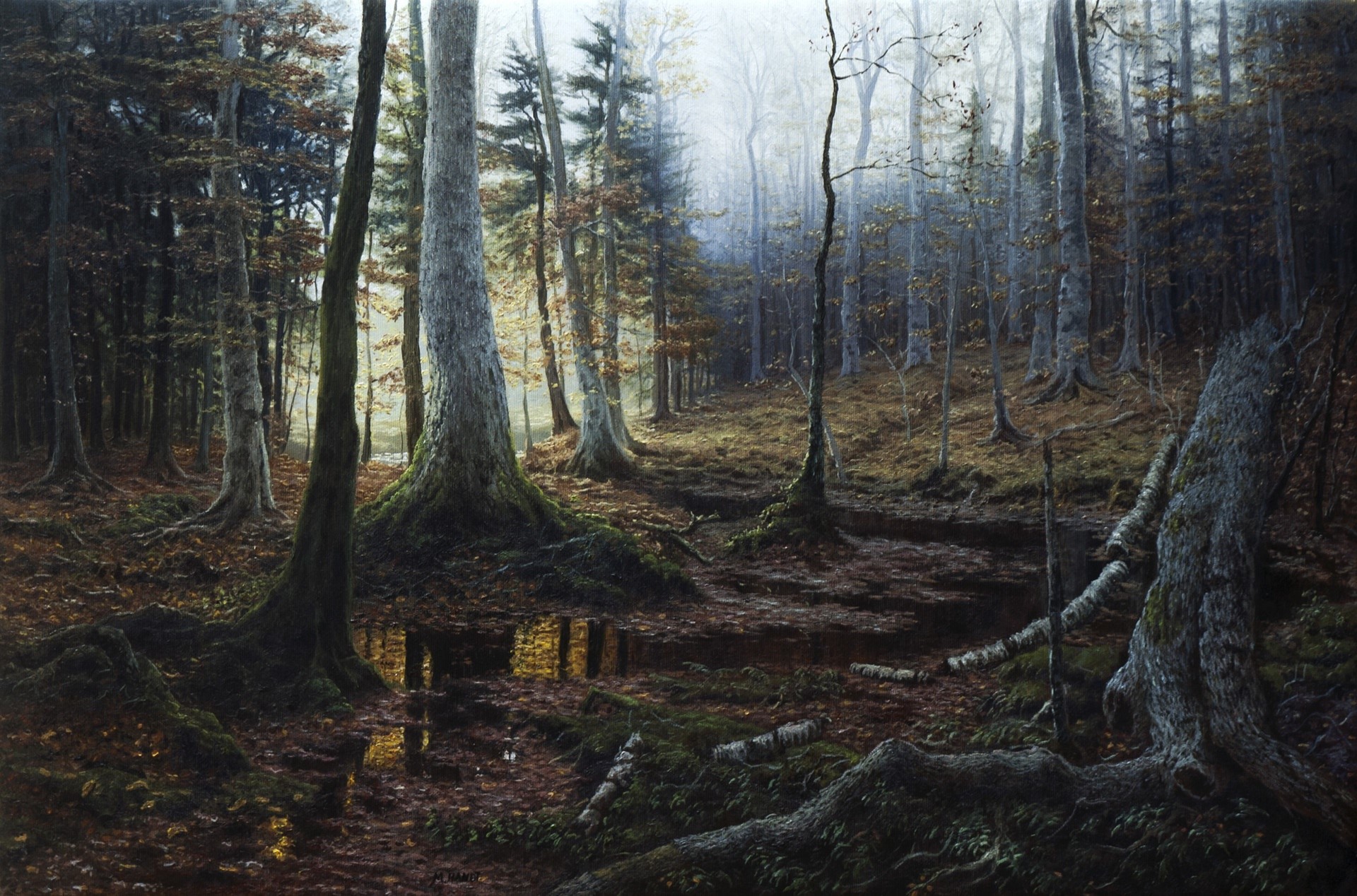 landscape, nature, trees, forest, painting, HD Wallpaper