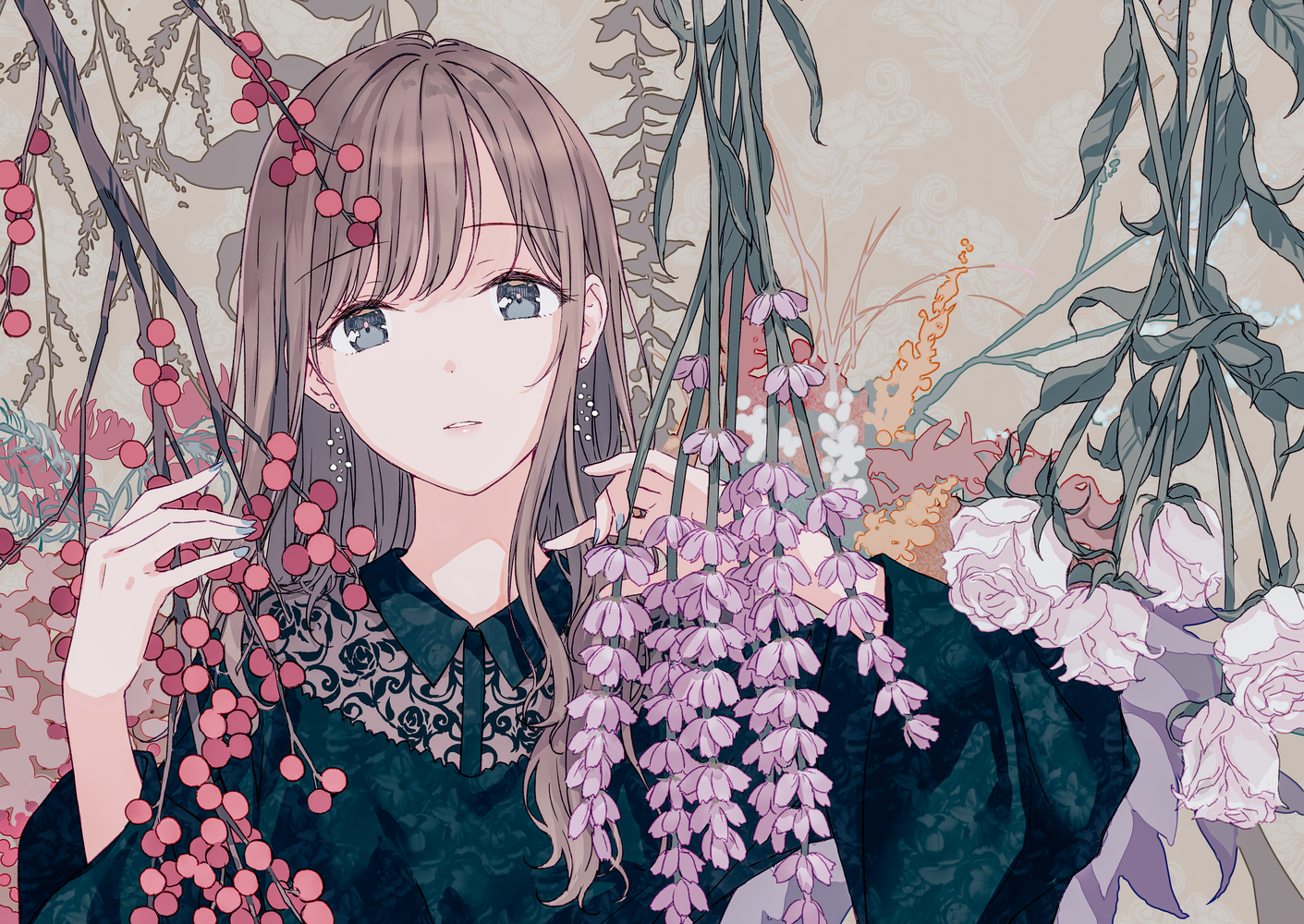 Hiten, women, anime girls, digital art, artwork, drawing, sketches, 2D, face, looking at viewer, earring, flowers, branch, illustration, original characters, long hair, portrait, anime, HD Wallpaper