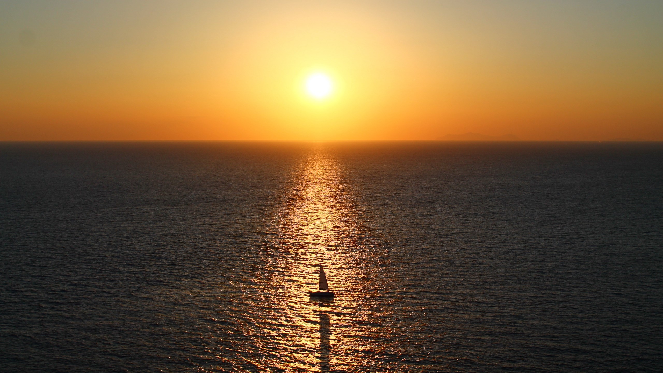water, boat, Sun, horizon, orange sky, sunset, sea, landscape, HD Wallpaper